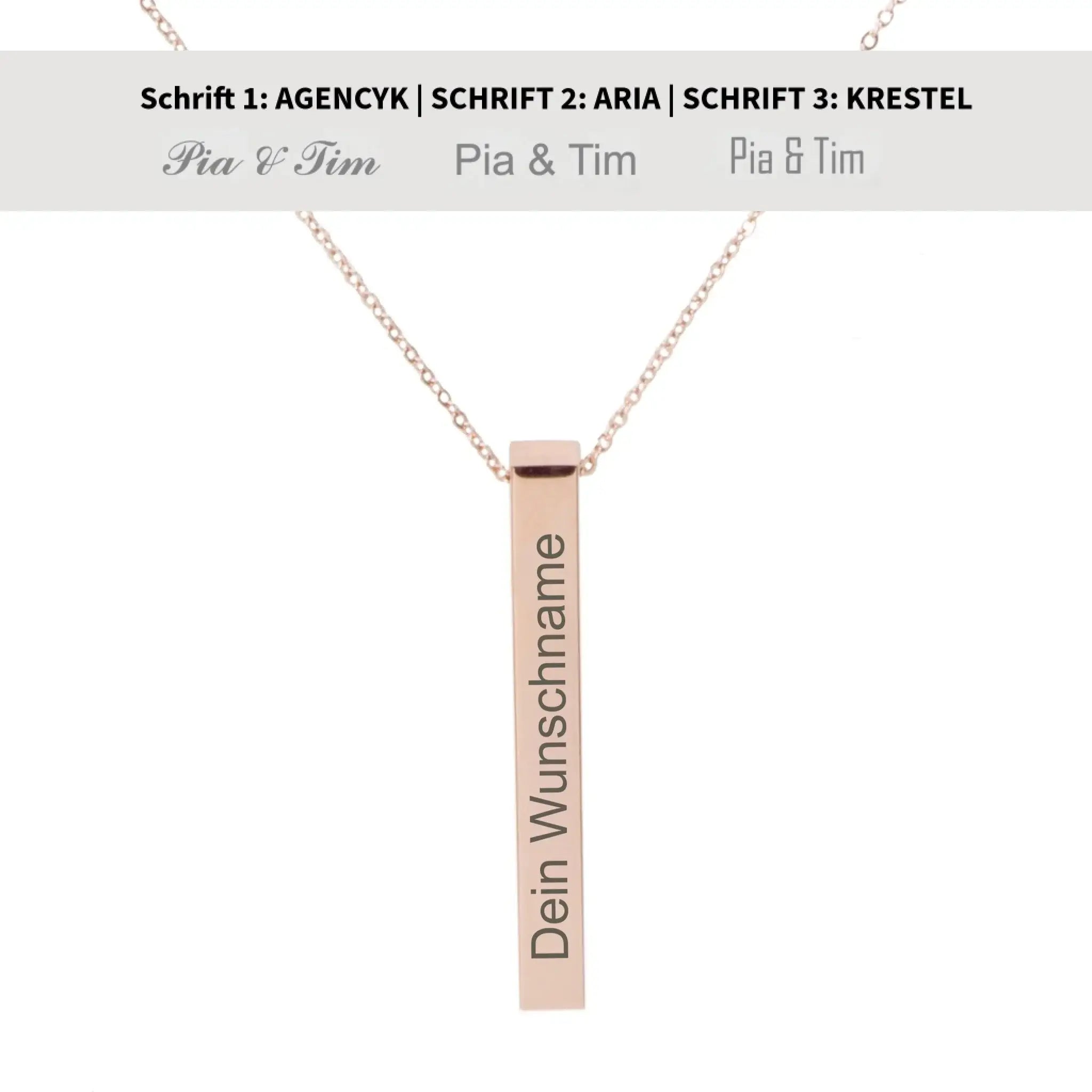 Rose gold rechteckiger gravierter bar anhänger an silber halskette säule mit wunschtext gravur personalisiert