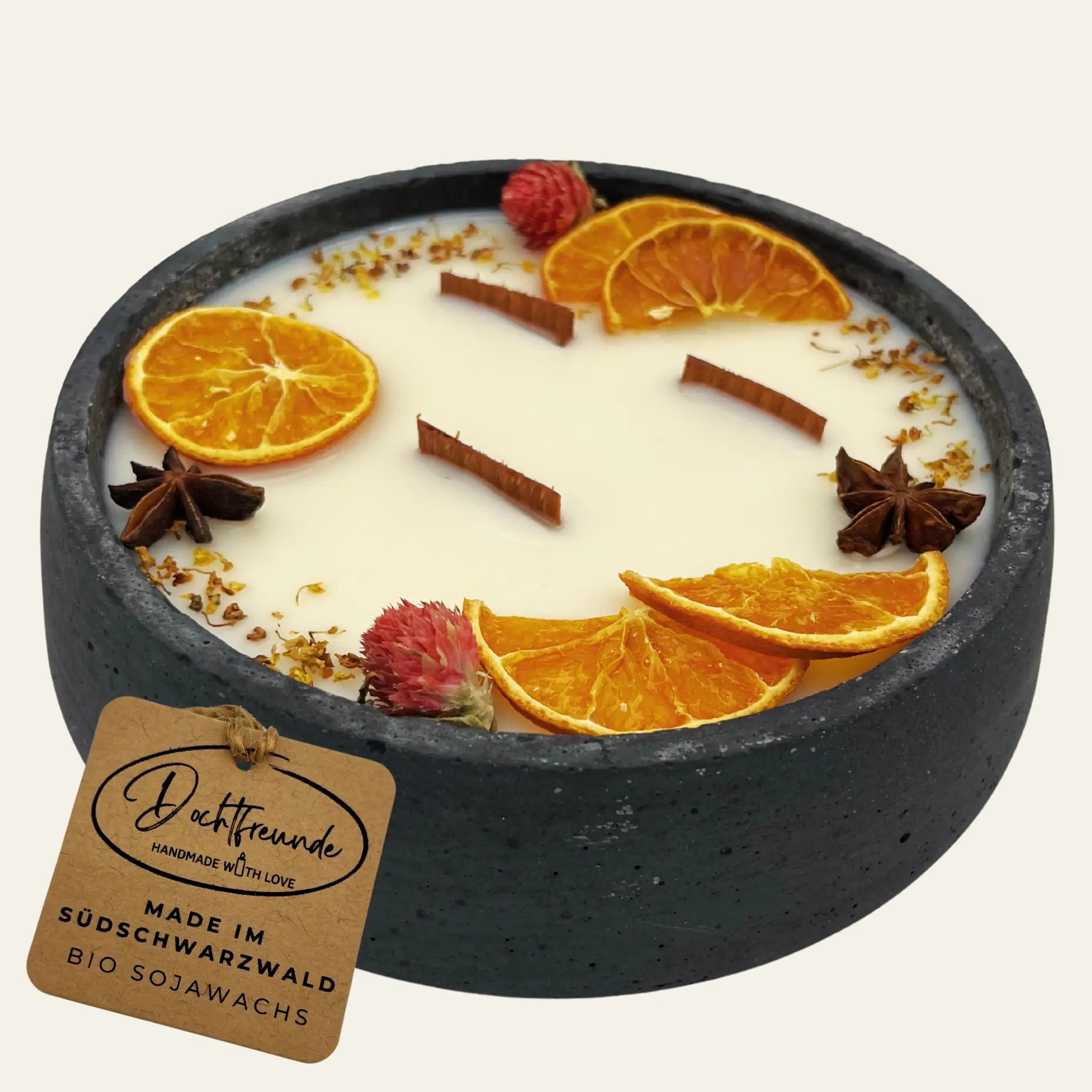 Handbesetze XXL Outdoor Citronella-Betonkerze Black Edition „Big Black - Mugge Schreck“ – Mit drei Holdochten