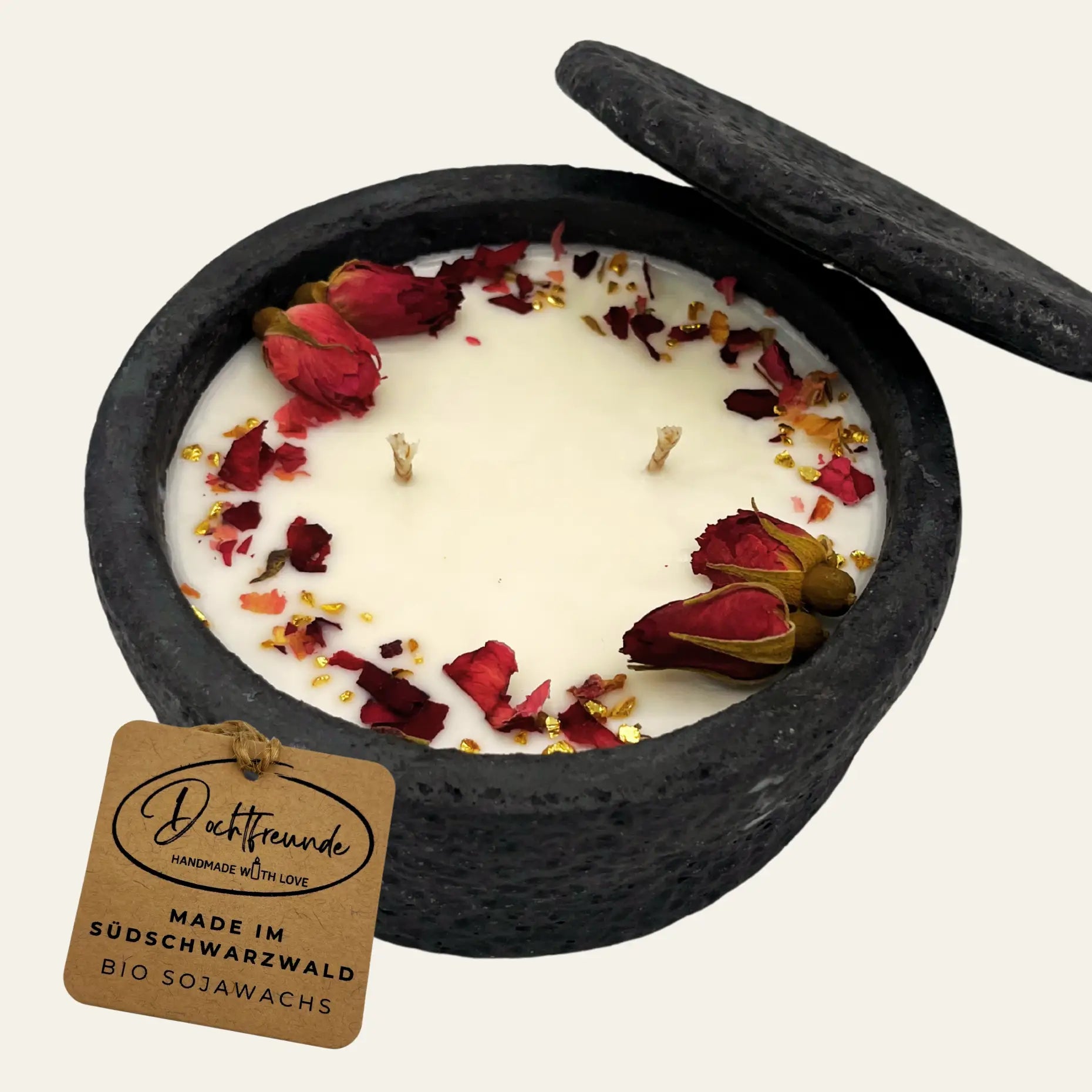 Handgemachte Betonkerze „Black Roses“ Aromakerze- Stilvolle Sojawachskerze für Ihr Zuhause. Mit Blütenverzierung