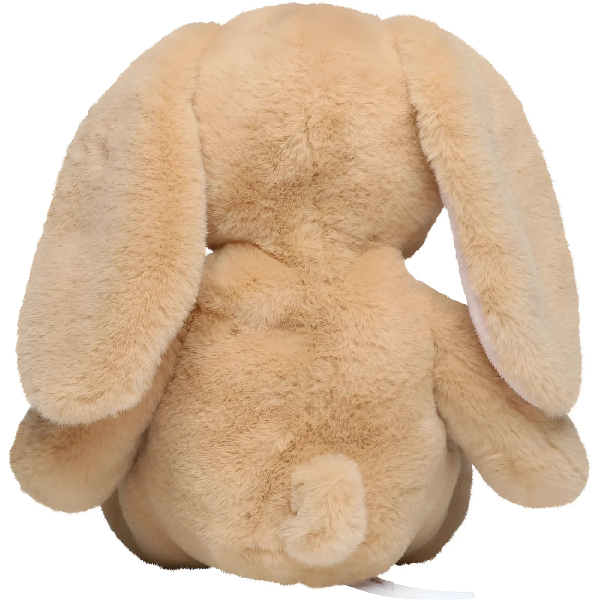 A soft tan plush rabbit with long floppy ears and a fluffy tail in the style of hase henni stofftier