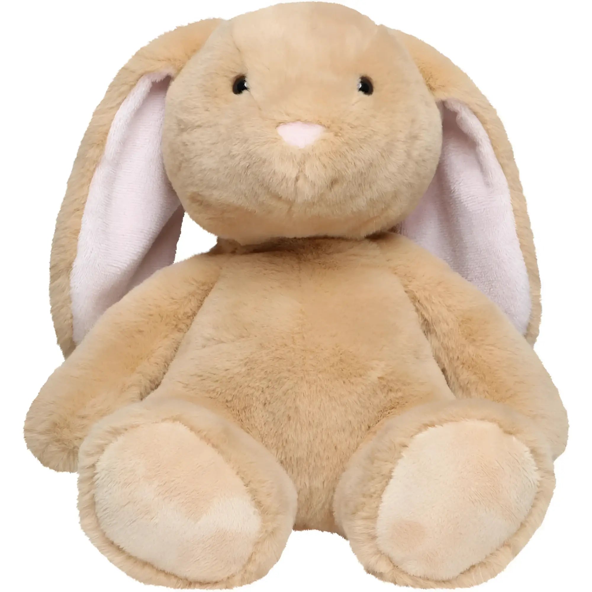 A soft tan plush bunny with long floppy ears black button eyes and a pink nose from hase henni stofftier