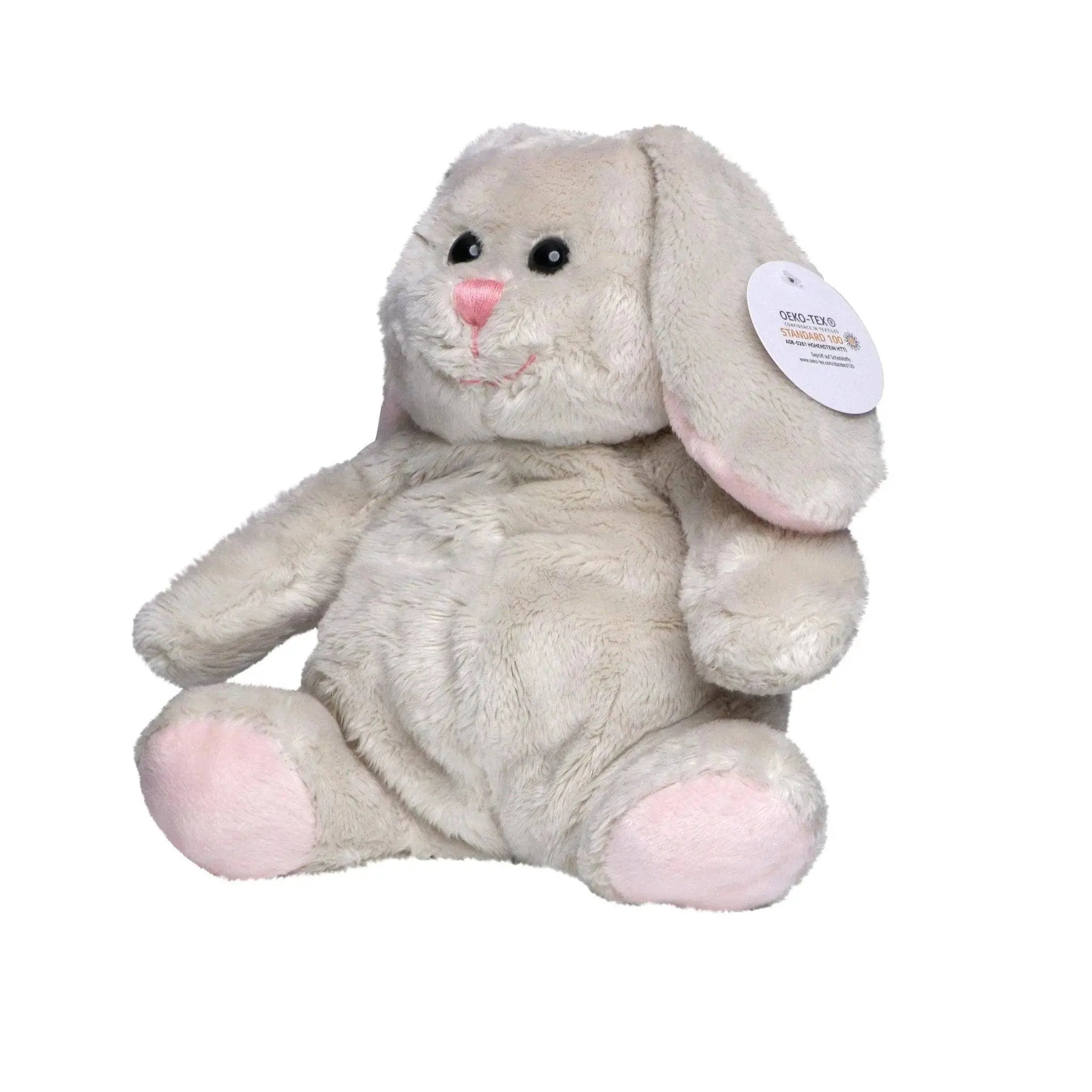 Soft grau plüschtier hase martha mit rosa ohren, nase und füßen, öko-tex-zertifiziert und kuschelig weich