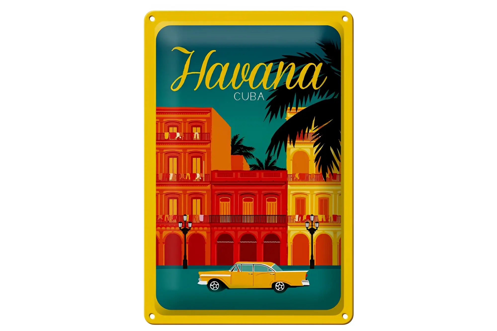 Metallschild havana vibes 20x30cm mit gelbem rahmen zeigt retro-häuser und klassischen auto aus havana kuba