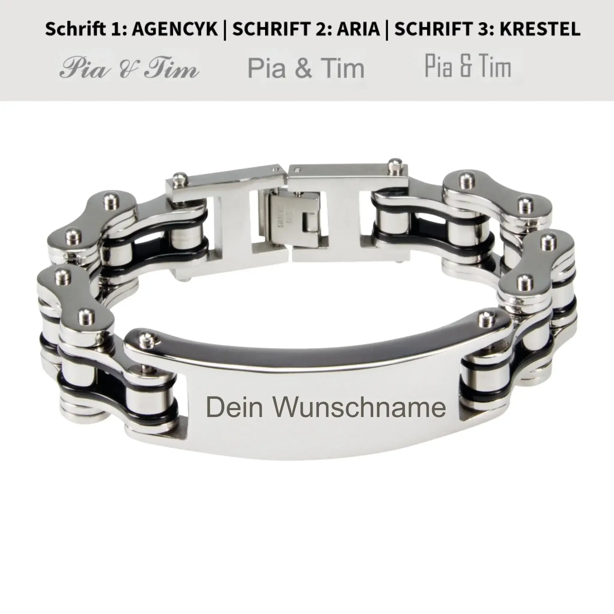 Silbernes herrenarmband biker-kette aus metall mit industrie-design und personalisierbarer gravurplatte