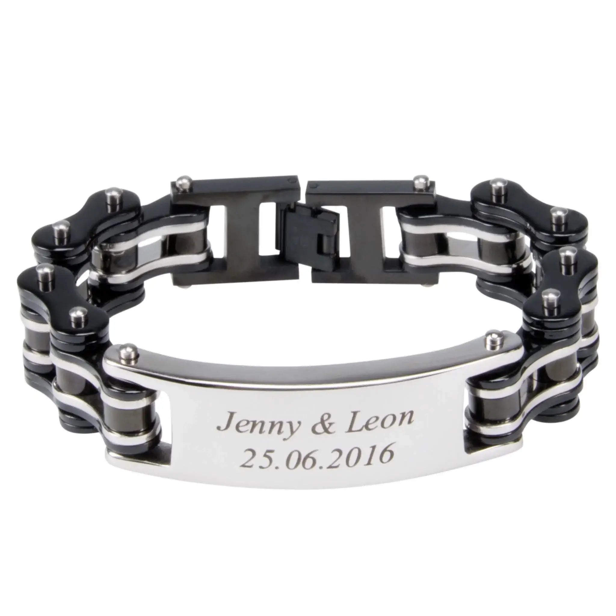 Herren armband biker-kette in schwarz und silber mit personalisierbarer gravurplatte aus metall