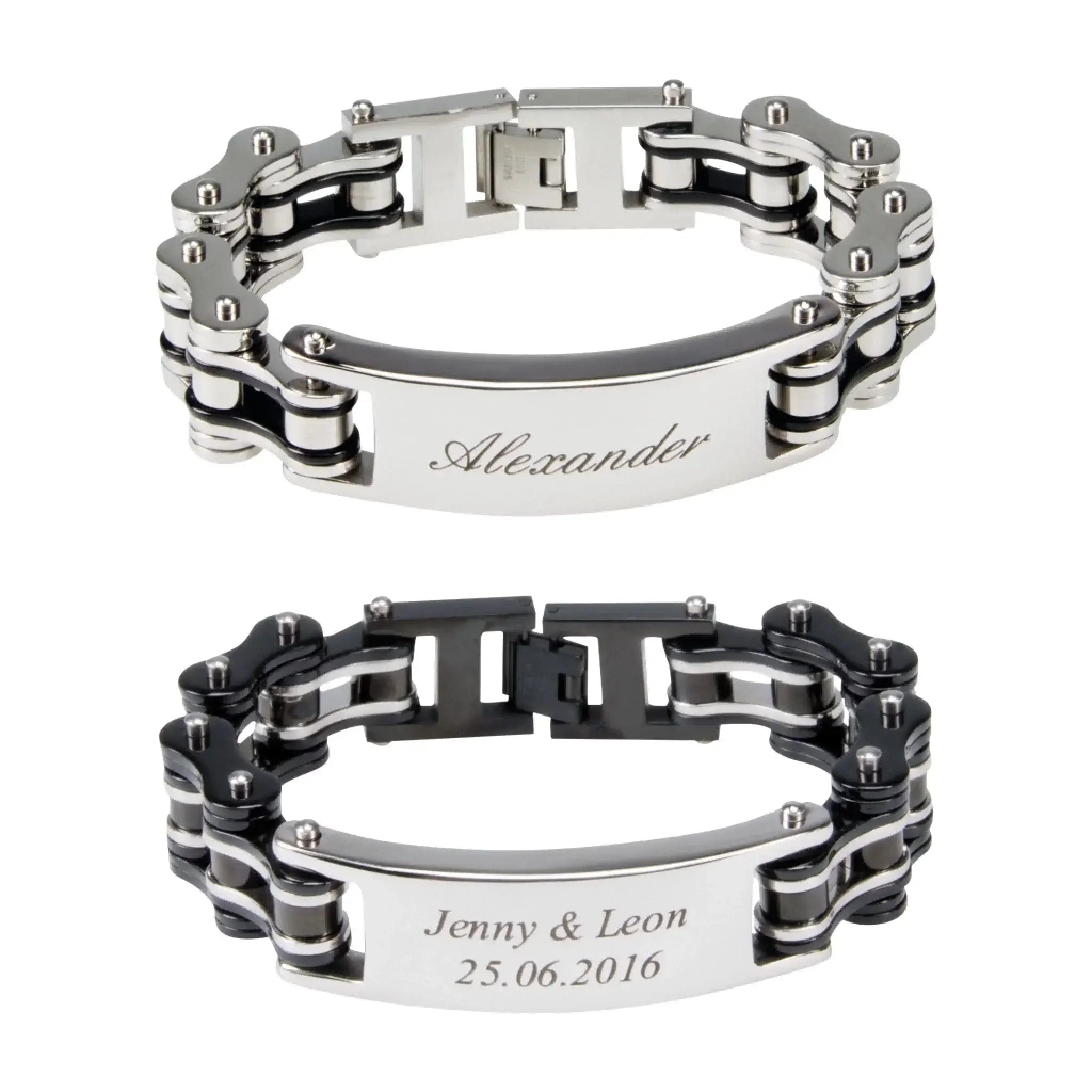 Silbernes und schwarzes herren armband biker kette mit graviertem namen als personalisierbares geschenk