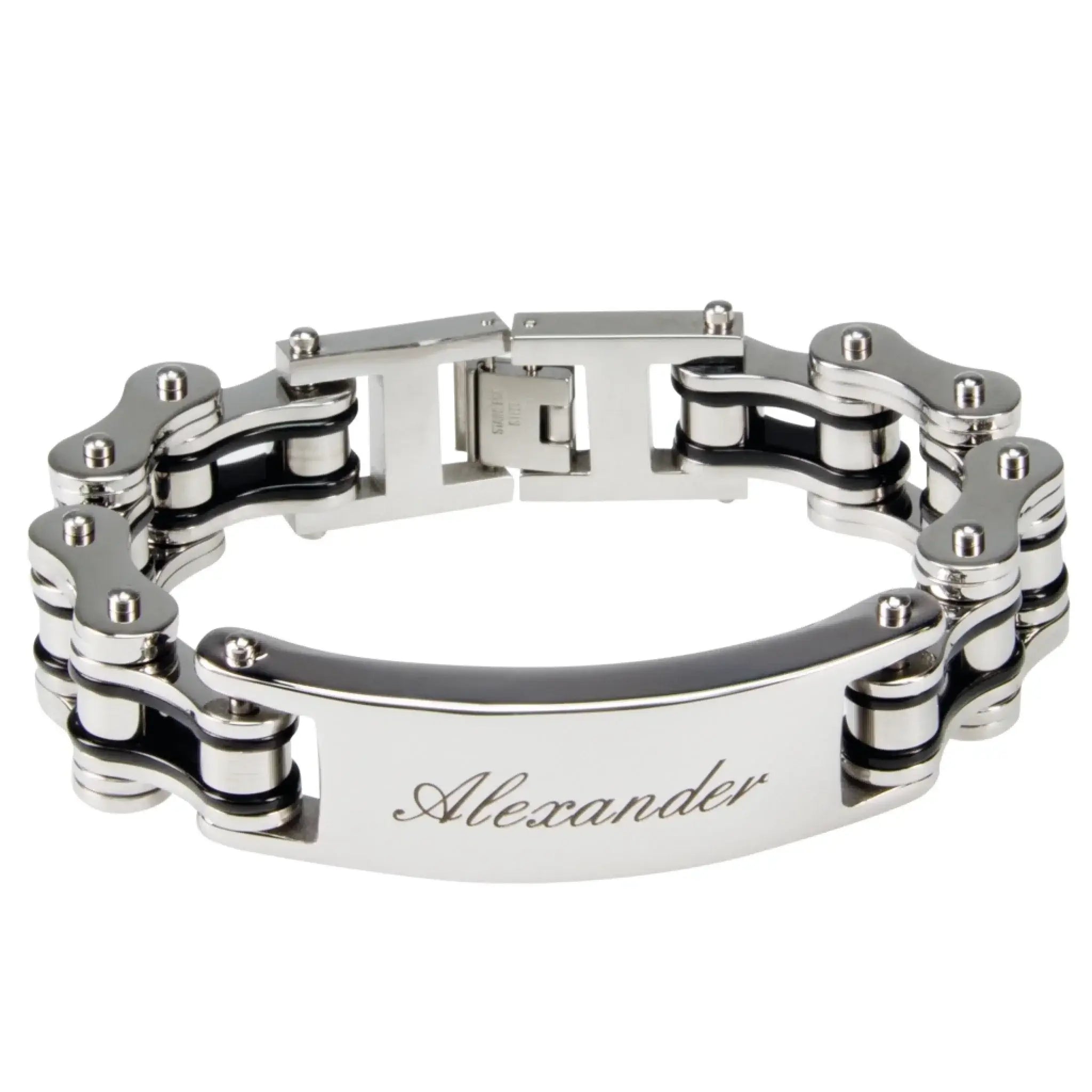Silbernes herren armband biker-kette aus edelstahl mit personalisierbarer gravur alexander auf der mittleren platte