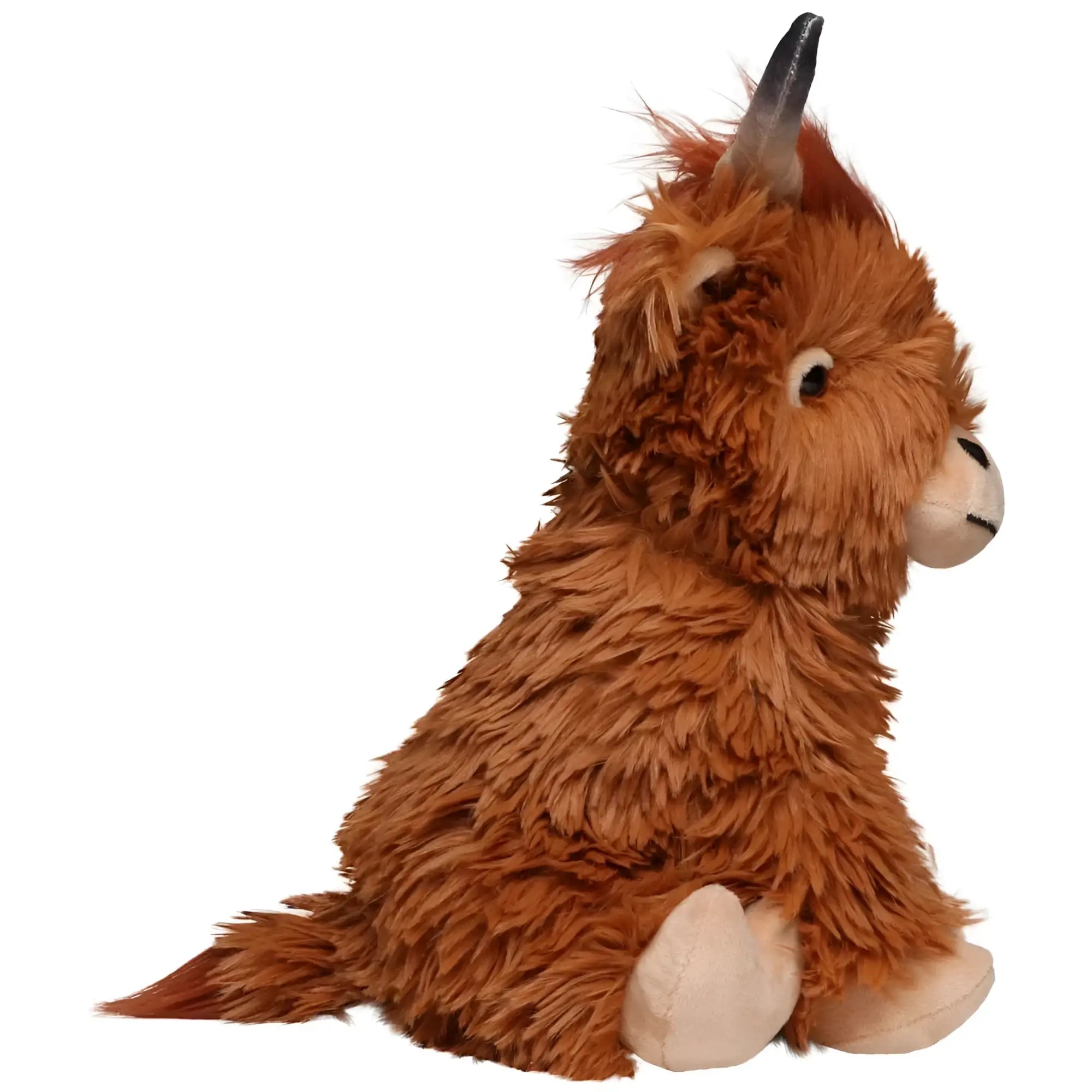 Hochlandrind bobby plüschtier mit langem braunem fell und schwarzem horn aus stoff