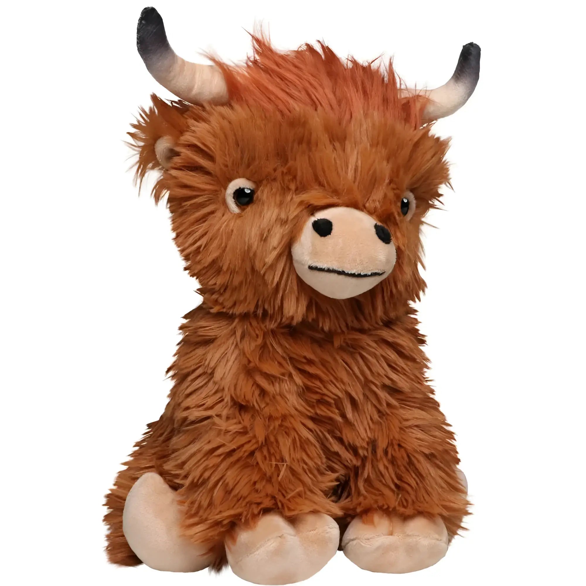 A plush highland cow toy hochlandrind bobby with fluffy orange brown fur black and white horns and soft beige paws