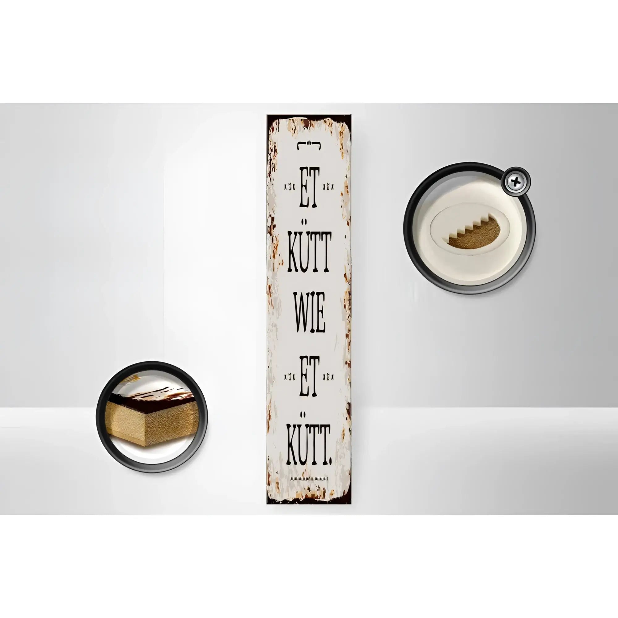 Weathered weißes holzschild 10x46cm mit schwarz stenciled kölscher spruch et kütt wie et kütt und dekorativen verzierungen