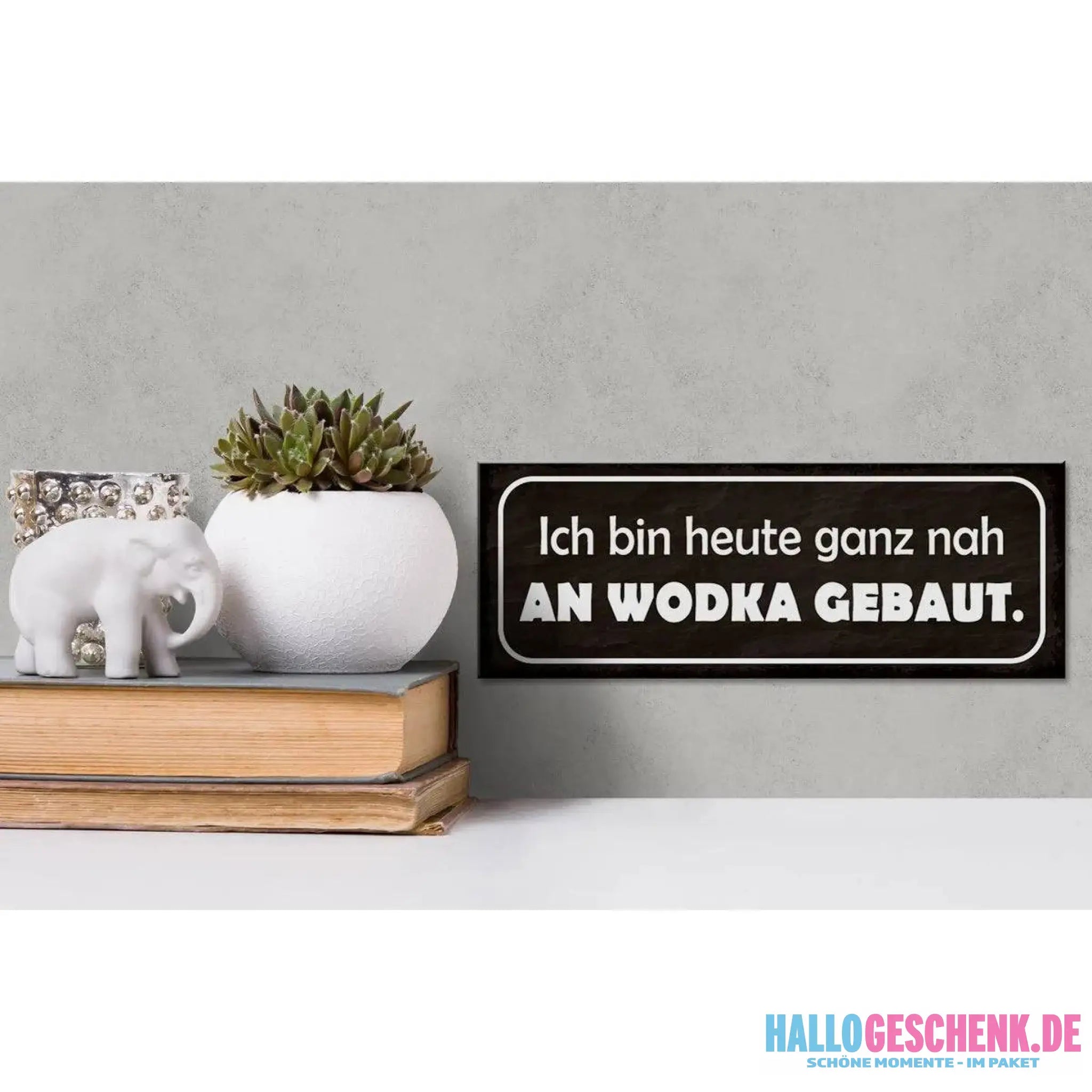 Holzschild Spruch 27x10cm Heute ganz nah an Wodka gebaut Deko