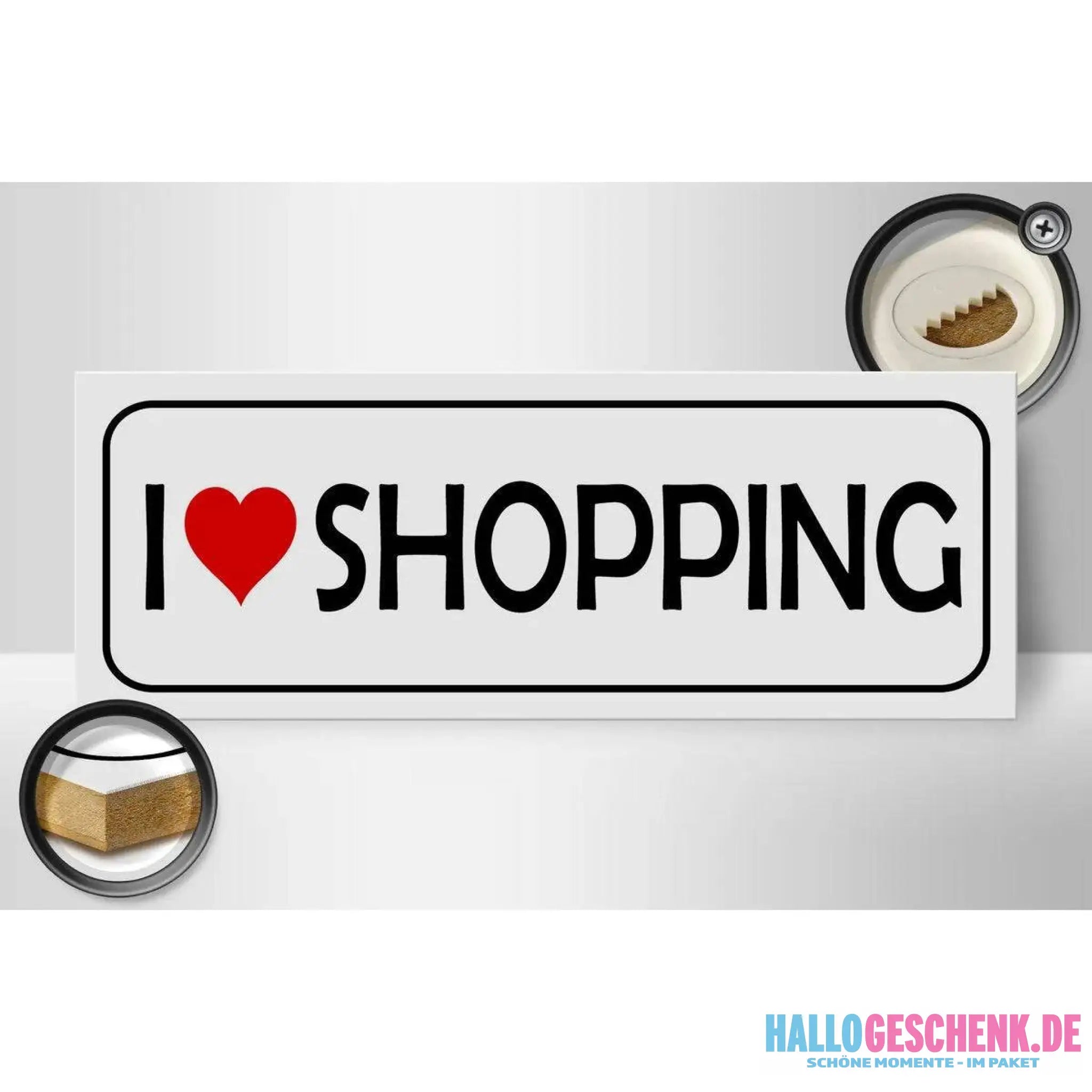 Holzschild Spruch 27x10cm I Love shopping Deko