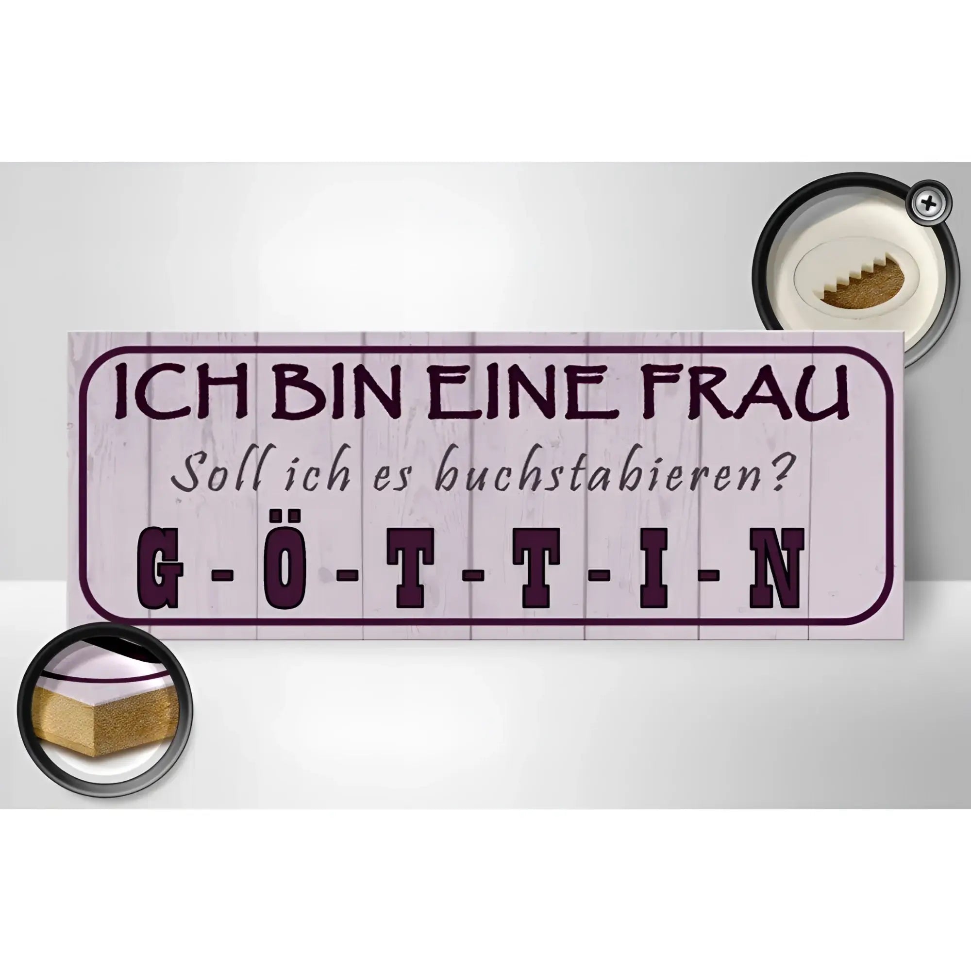Ein rechteckiges holzschild mit hellviolettem, vintage holzmaserungseffekt und dunkelroter schrift ich bin eine frau göttin deko