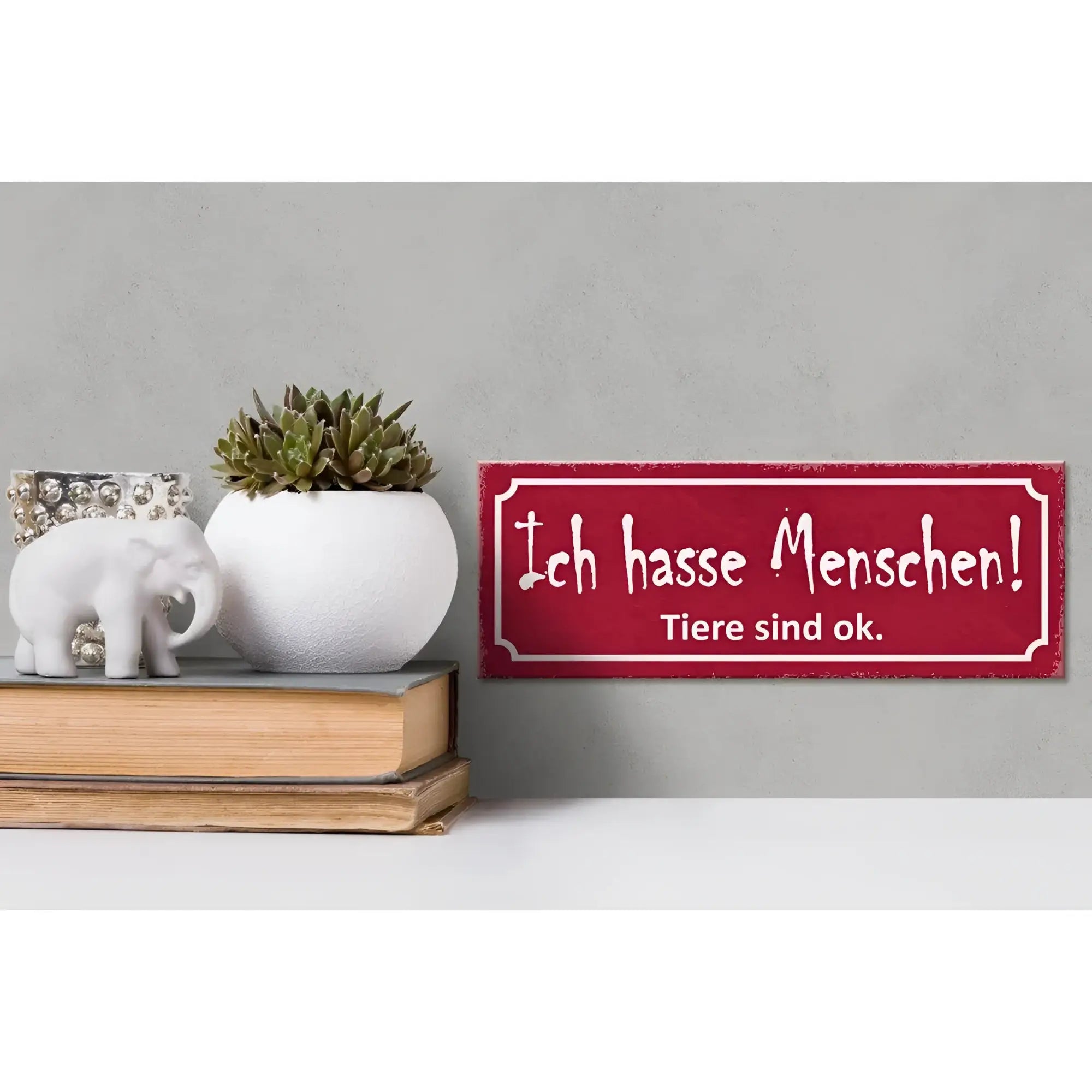 Rotes holzschild 27x10cm mit weißem kursivtext ich hasse menschen tiere sind ok und dekorativem rand