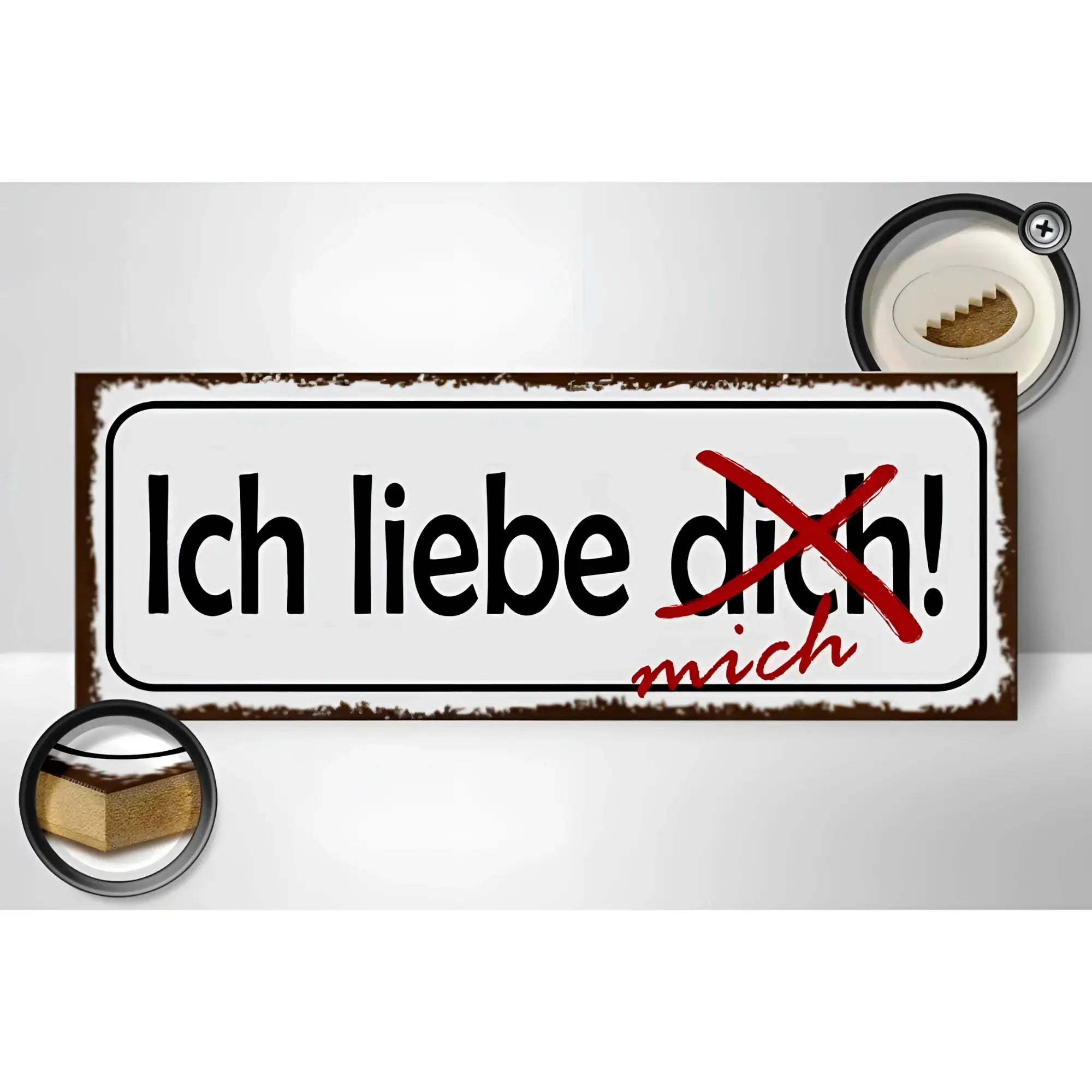 Weißes rechteckiges metallschild mit schwarzem text ich liebe dich durchgestrichen und mich in kursiv 27x10cm holzschild spruch deko