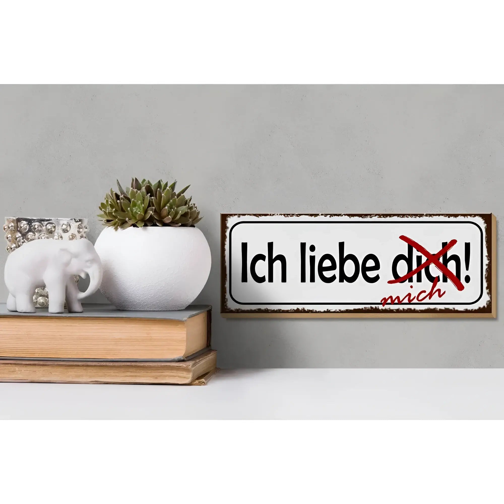 Weißes rechteckiges metallschild holzschild 27x10cm mit schwarzem und rotem ich liebe dich mich dekortext