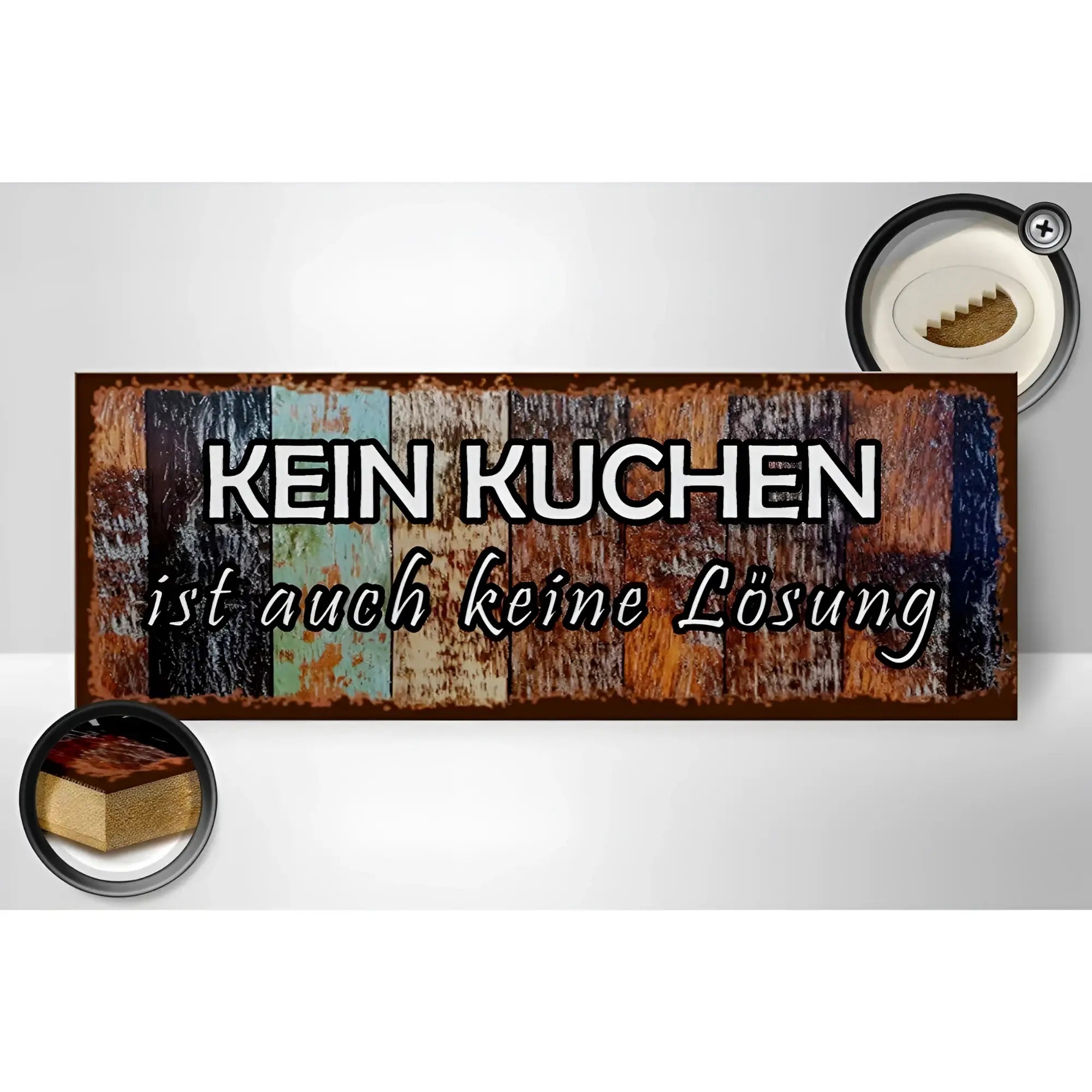 Rustikales holzschild mit mehrfarbigen planken und weißer schrift kein kuchen ist auch keine lösung 27x10cm deko
