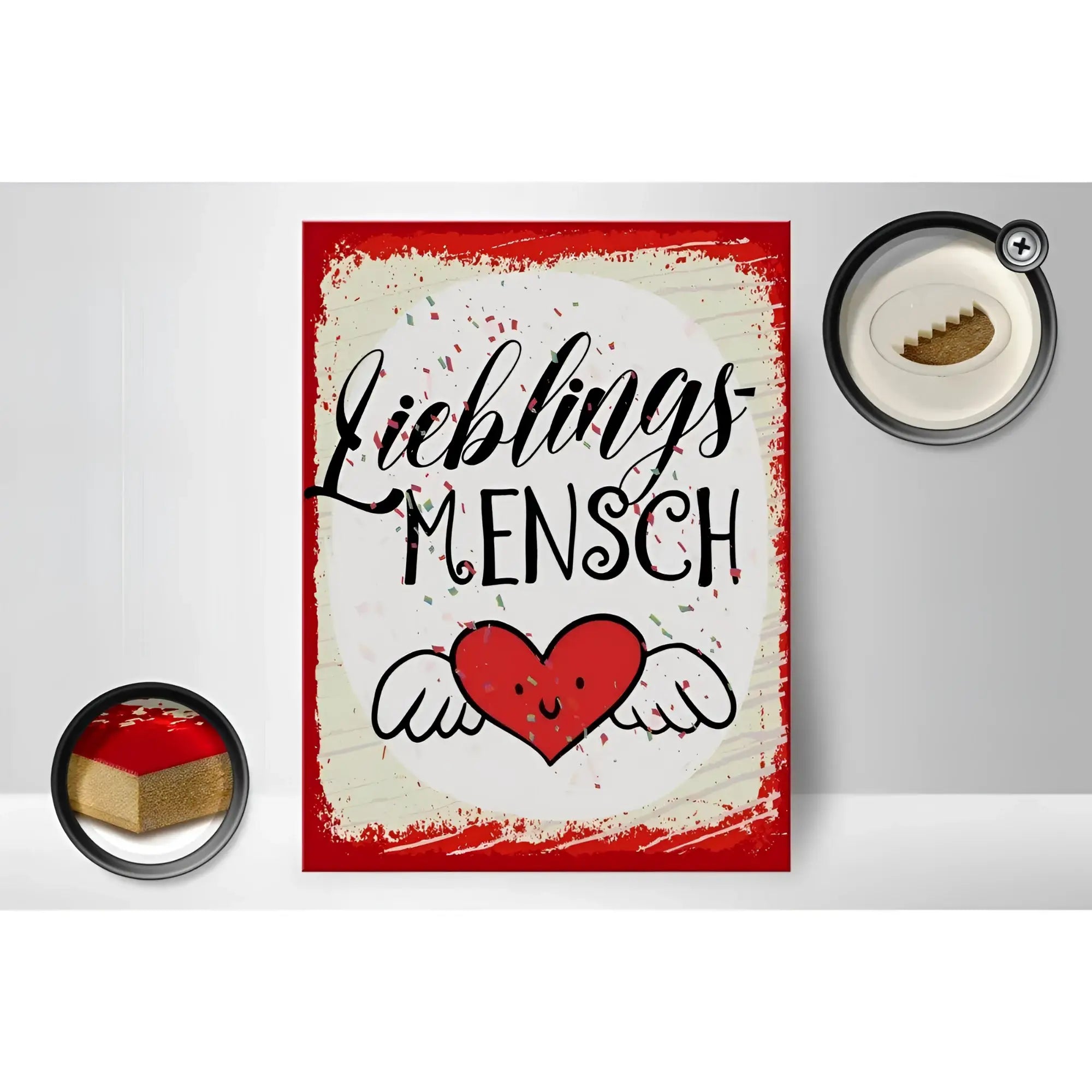 Rotes rahmen leinwandbild holzschild 30x40cm mit lieblingsmensch schriftzug und fliegendem herzengel