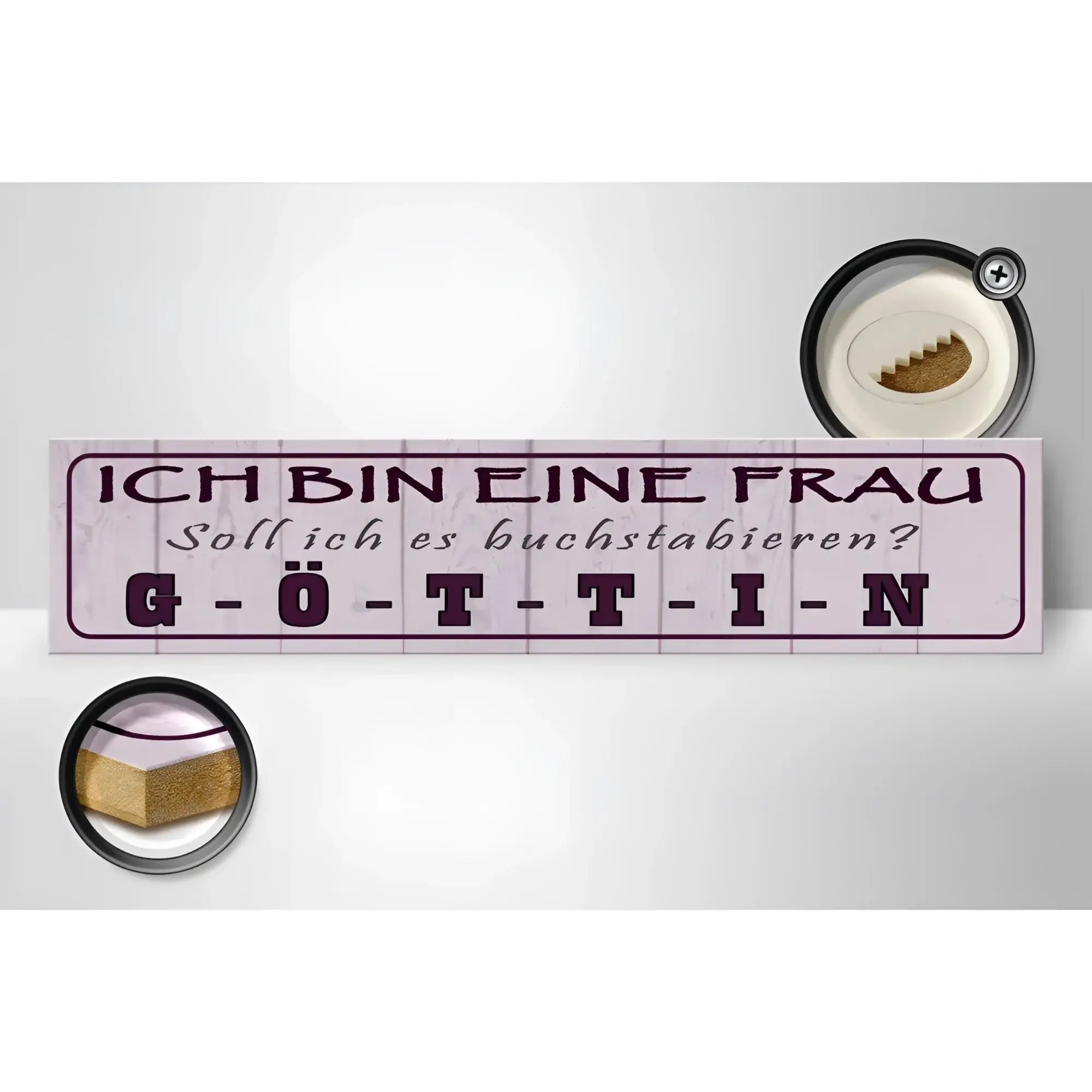 Rechtes holzschild spruch 46x10cm mit hellrosa finish und dunkelvioletter schrift ich bin eine frau göttin