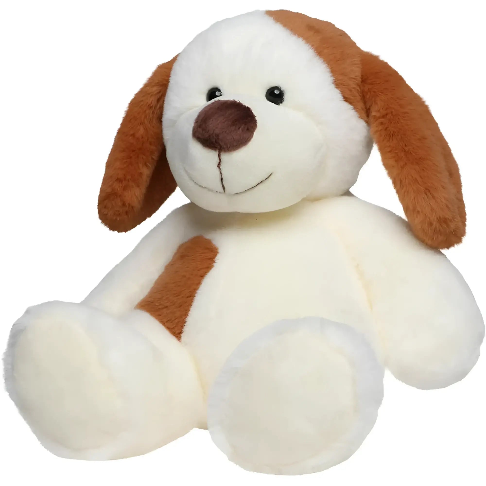 Plüschtier Hund Fiete in creme und braun mit weichem Stoff, schwarzen Knopfaugen und gesticktem Lächeln