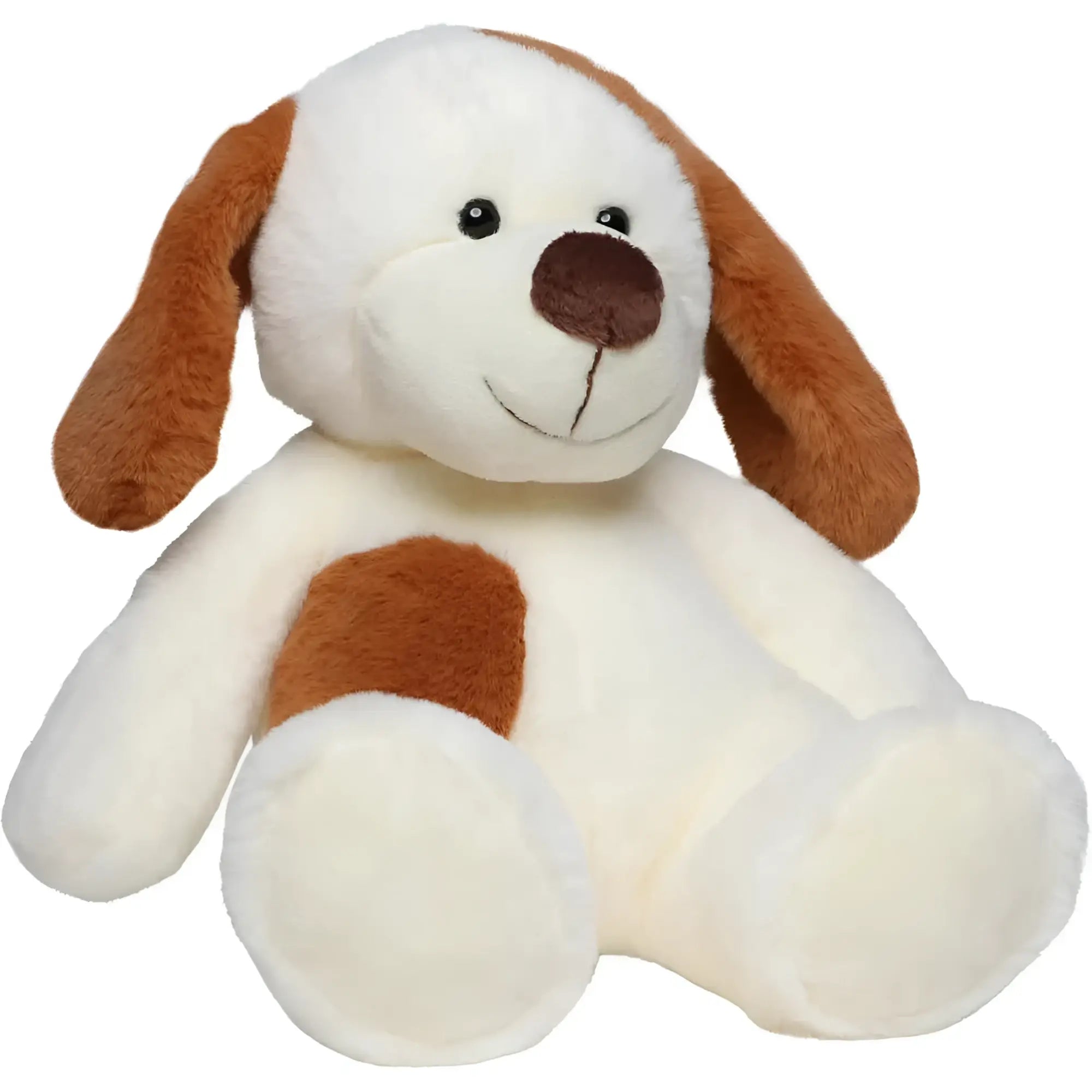 A plüschtier hund fiete mit weißen und braunen flauschigen stoff, schlappen ohren und einem dunklen knopf nose