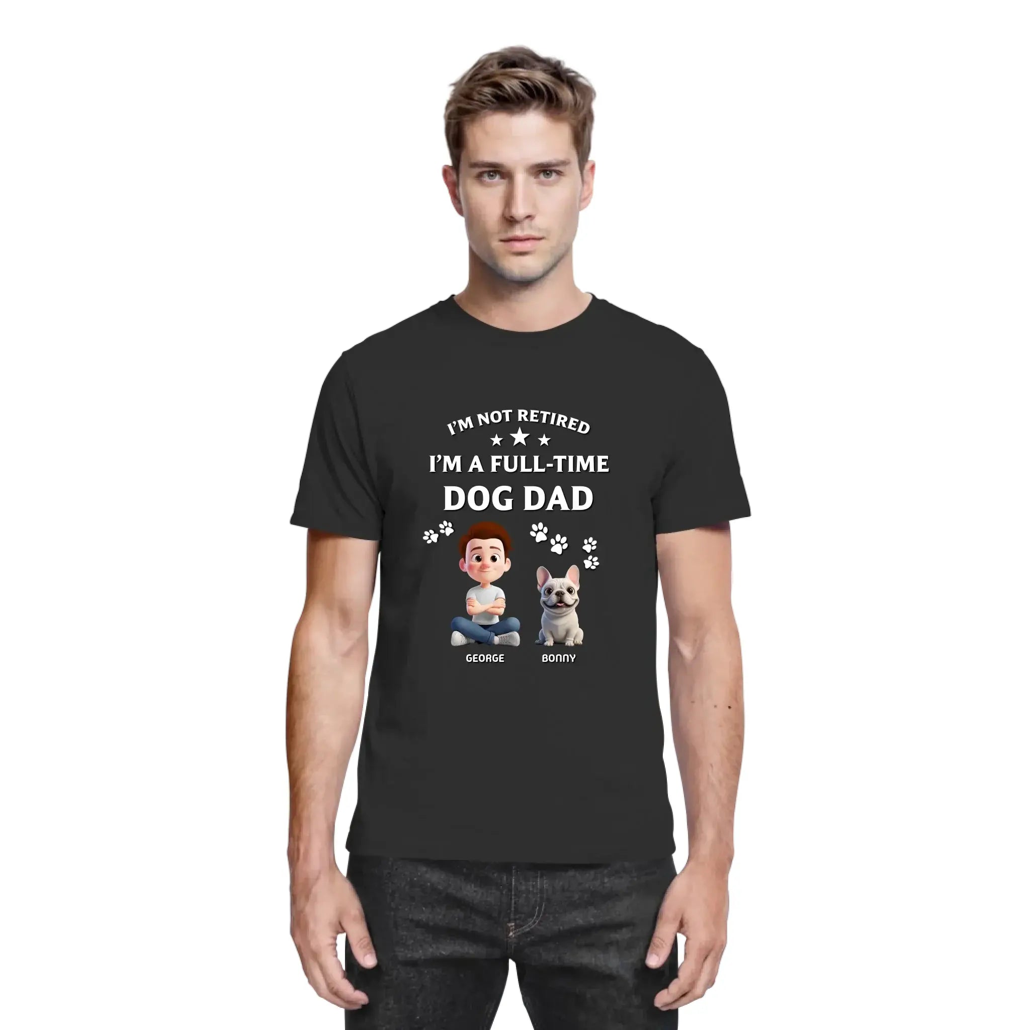 Schwarzes baumwolltshirt mit grafikprint aus cartoonfiguren und individuellem textelement aus der hunde-mama papa kollektion