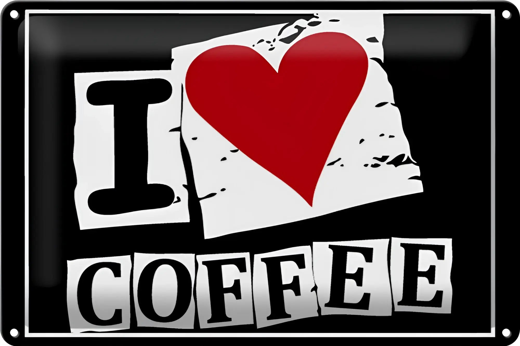 Schwarzes blechschild 20x30cm mit rotem herz und i liebe coffee schrift in weißer blockschrift im used look