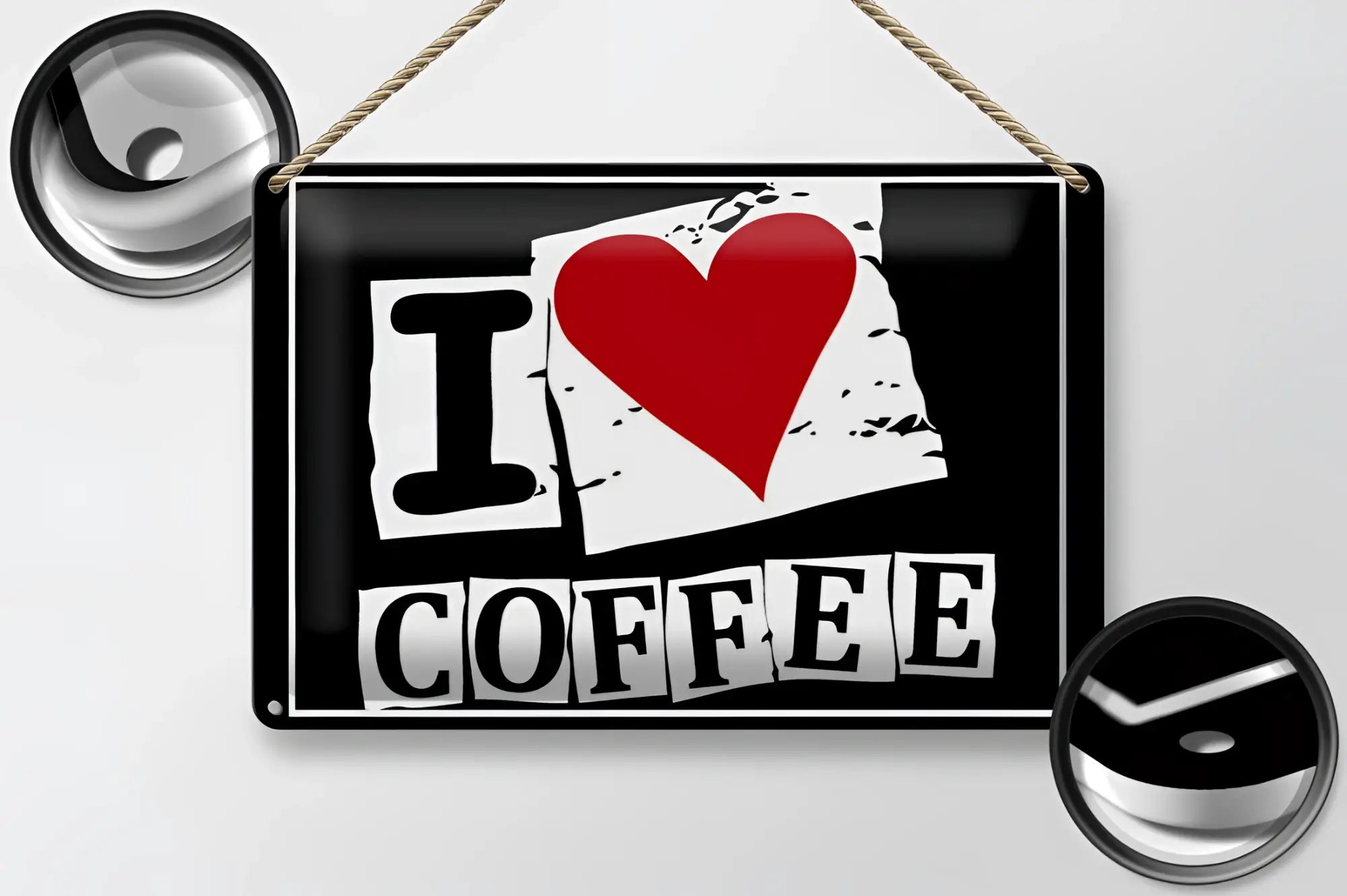 Black rechteckiges metallblechschild mit weißem vintage papierdesign und i herz coffee in rot und schwarz 20x30cm