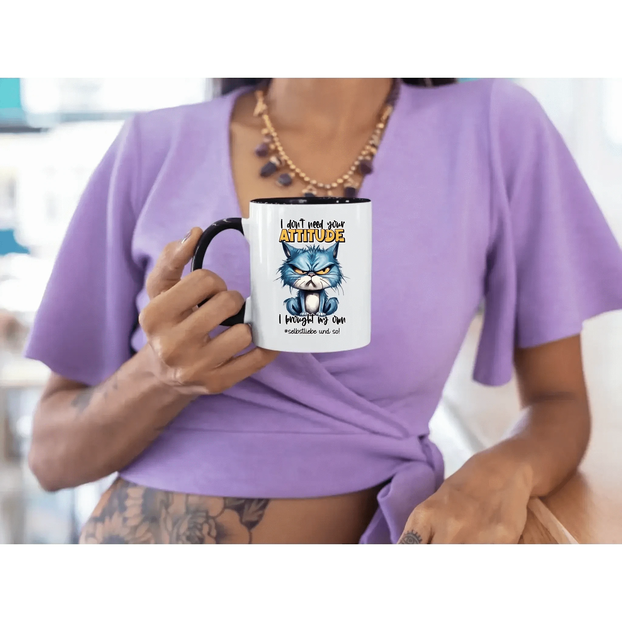 Ich brauche deine Meinung nicht - ich habe meine eigene • Katze • zweifarbige Tasse • Exklusivdesign • personalisiert