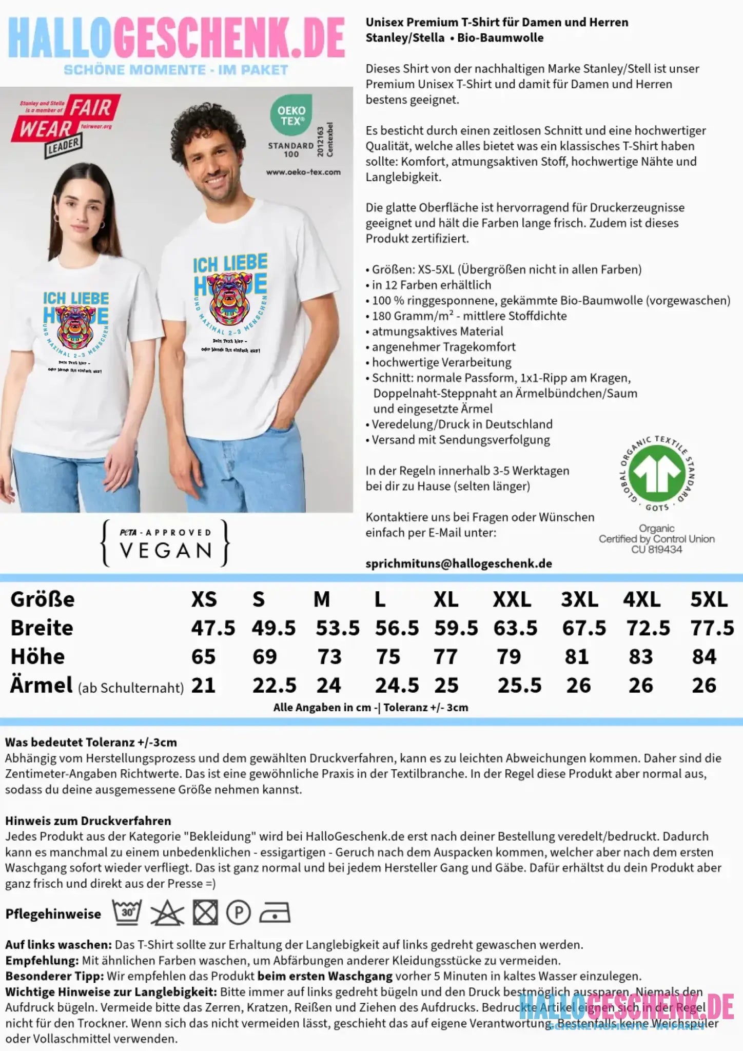 Ich liebe Hunde und 2-3 Menschen • Unisex Premium T-Shirt XS-5XL aus Bio-Baumwolle für Damen & Herren • Exklusivdesign • personalisiert
