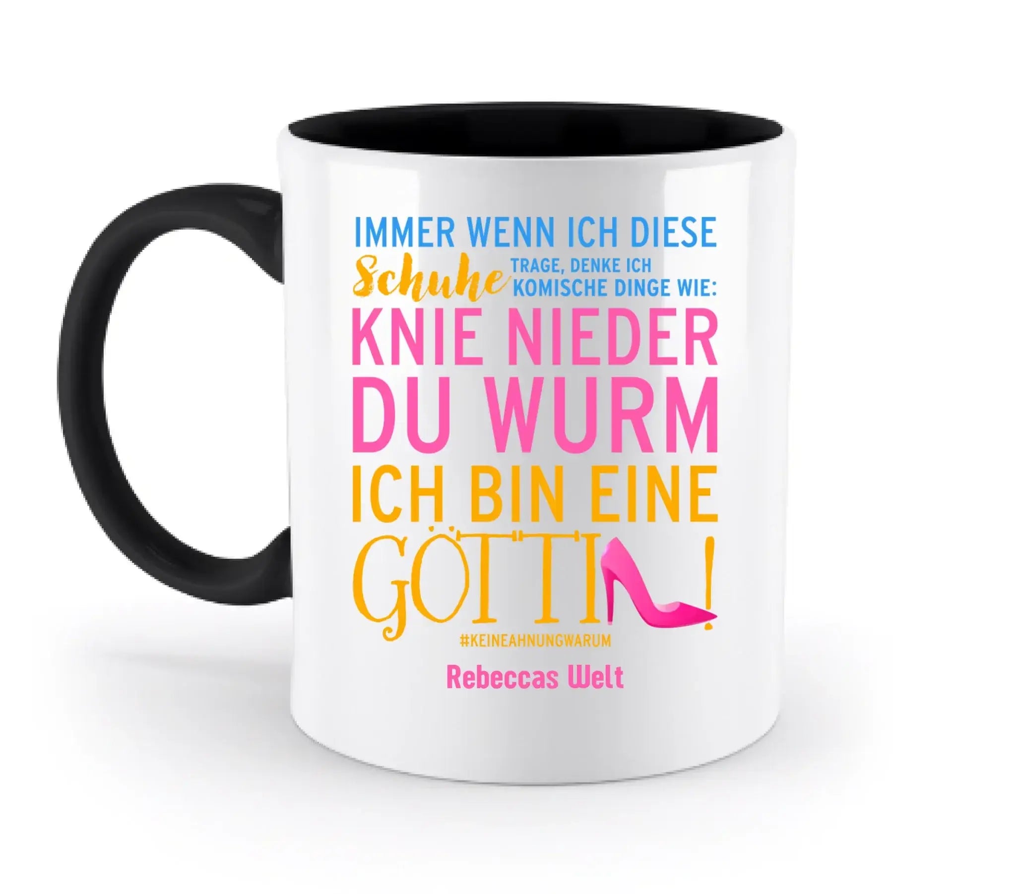 Weiße keramiktasse mit schwarzem griff und innenraum, bunte deutsche schrift und hochhackiger schuh, immer wenn ich kollektion