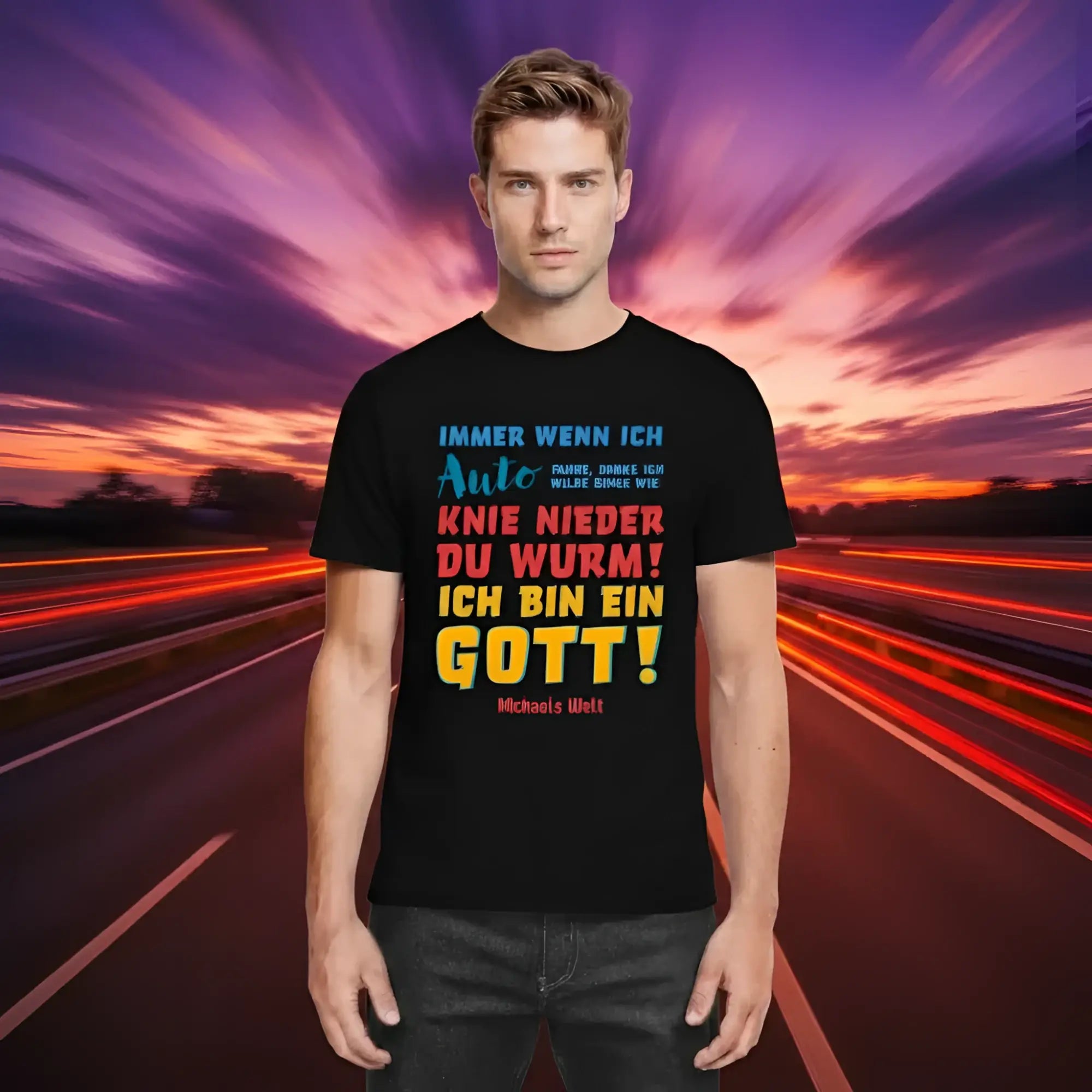 Black t-shirt mit buntem german text in blau rot gelb und pink aus immer wenn ich kollektion, wunschtext möglich