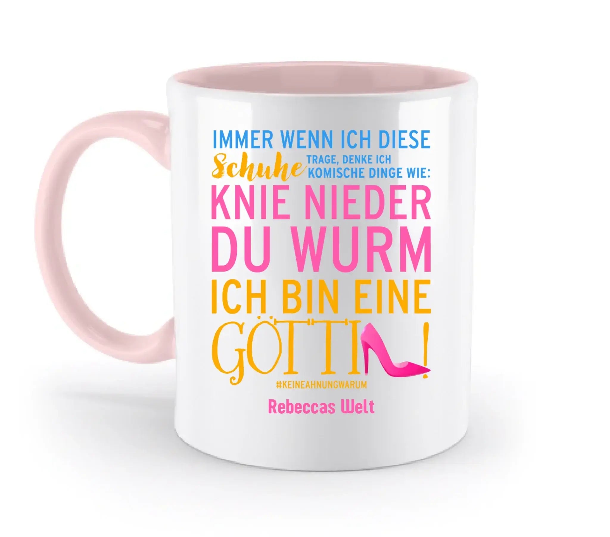 Weiße keramik-tasse mit pinkem griff und innenfarbe mit buntem deutschen text und high heel grafik aus der immer wenn ich schuhe kollektion