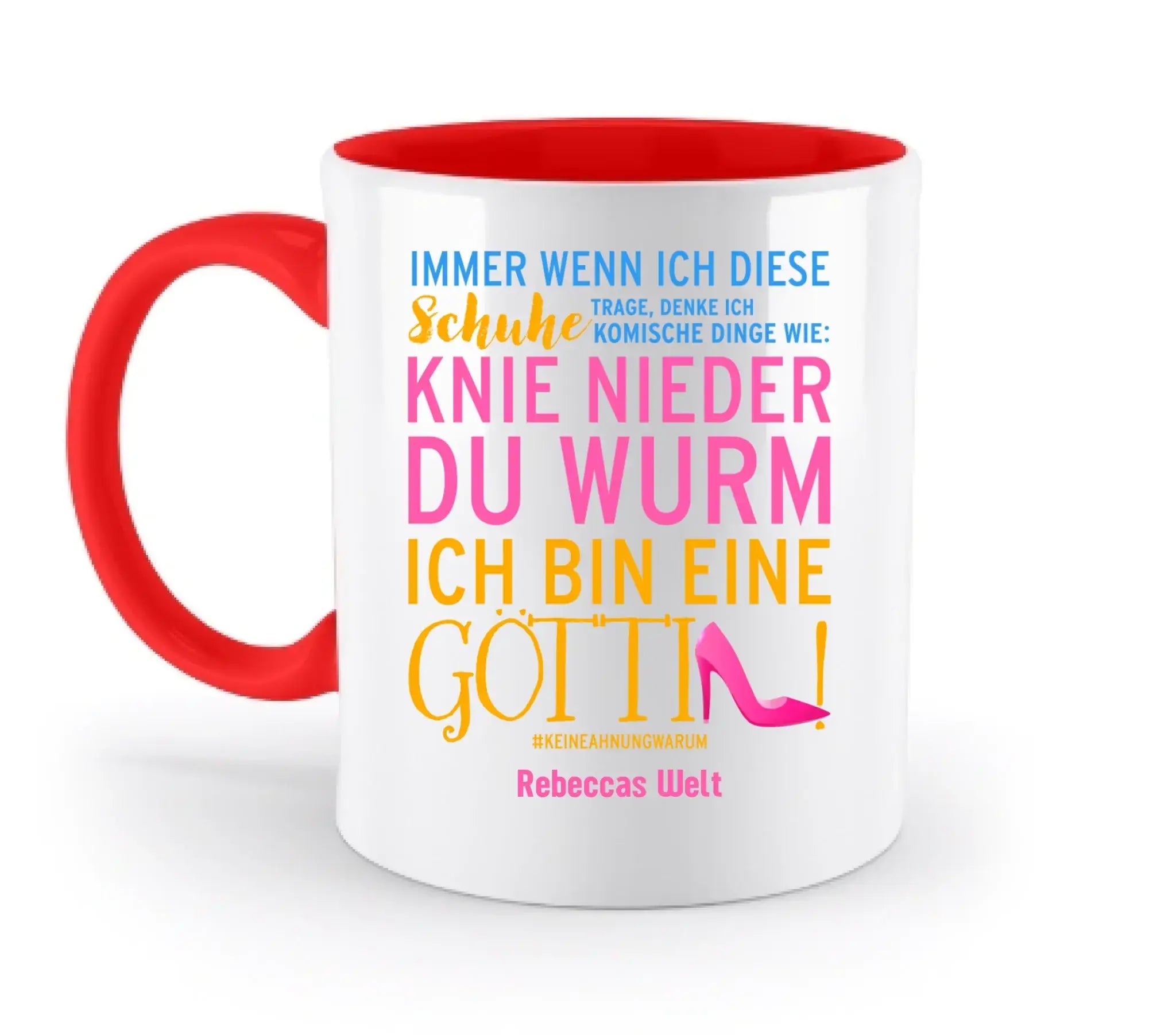 Weiße keramiktasse mit rotem griff und innenleben und buntem deutschen text aus der immer wenn ich kollektion