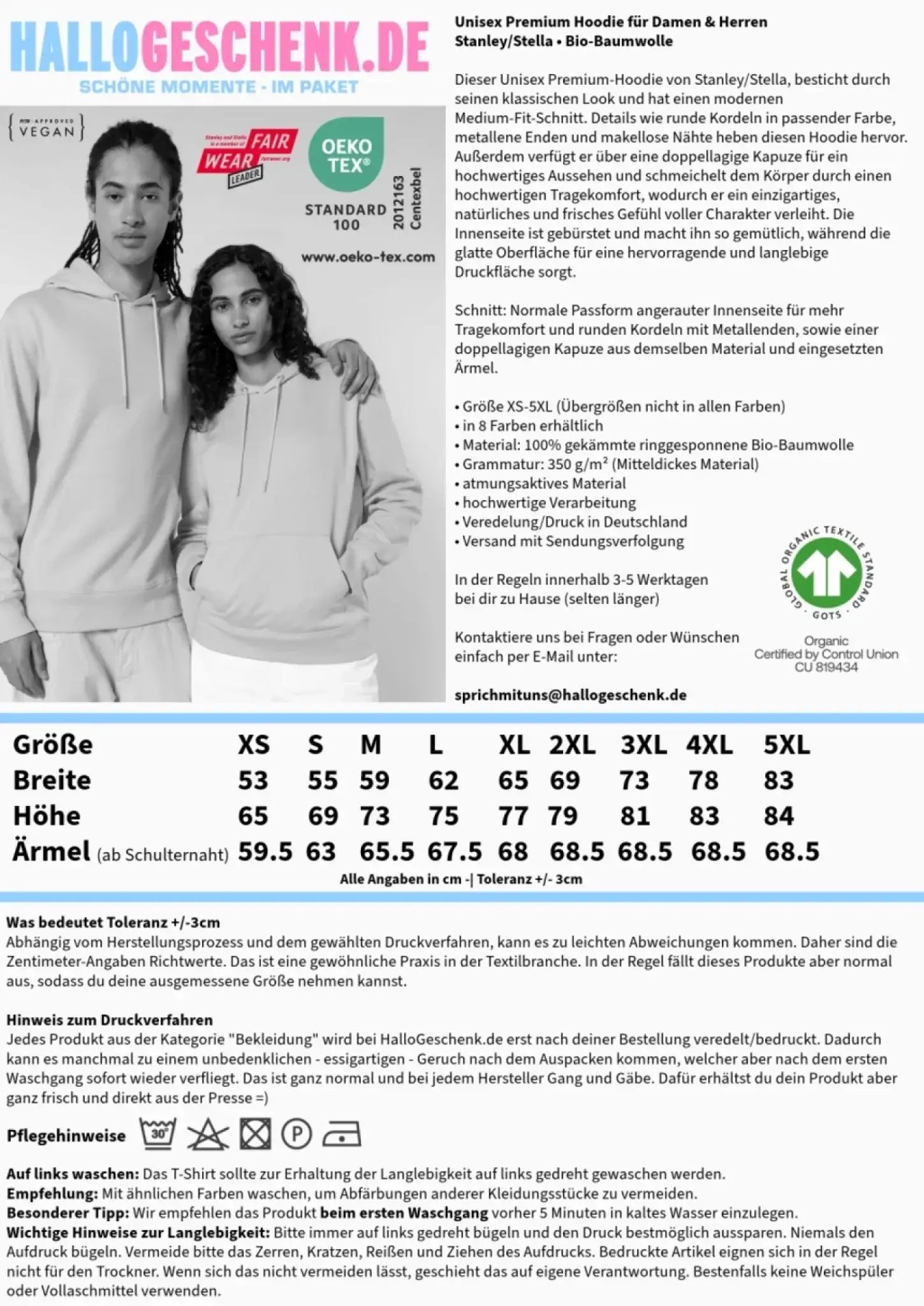 Hoodie Produktblatt