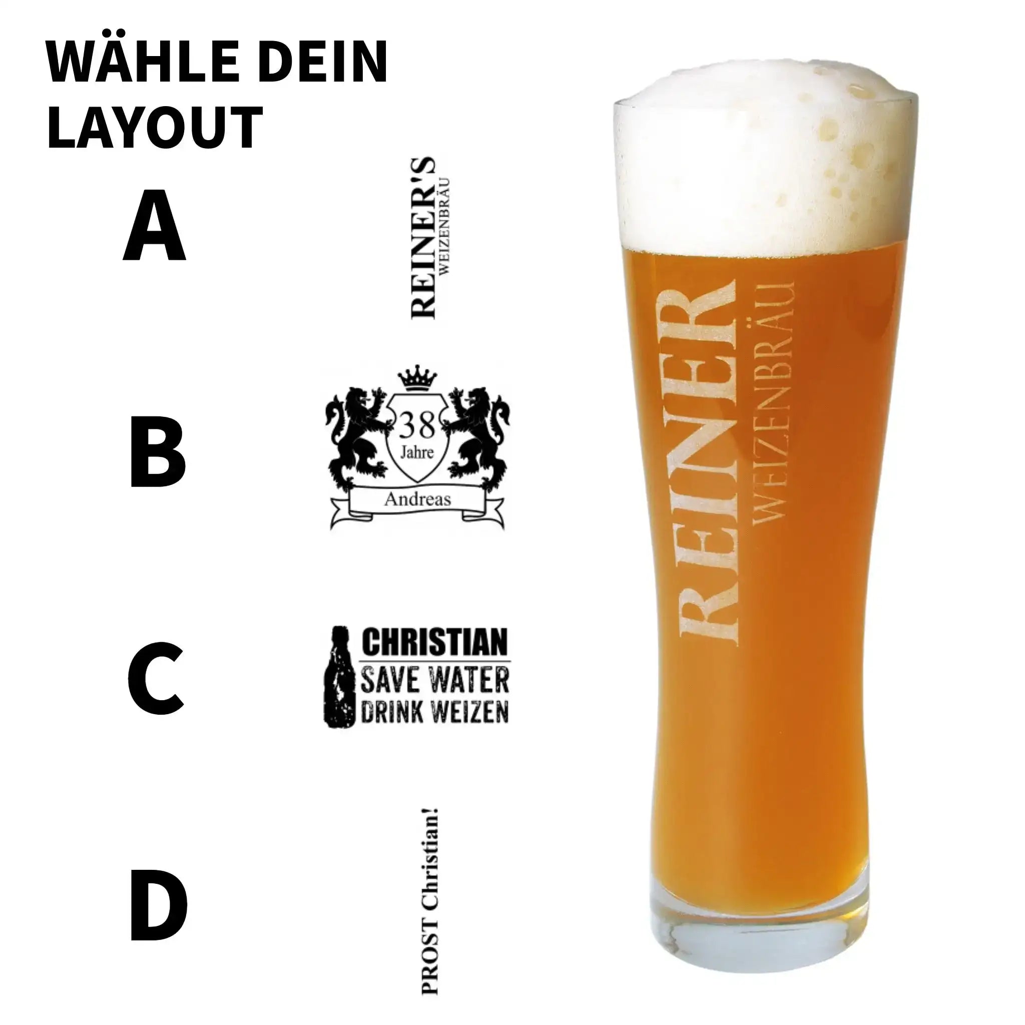 Individuelles weizenbierglas 500 ml aus klarem glas mit gravur gefüllt mit bernsteinfarbenem weizenbier und schaumkrone