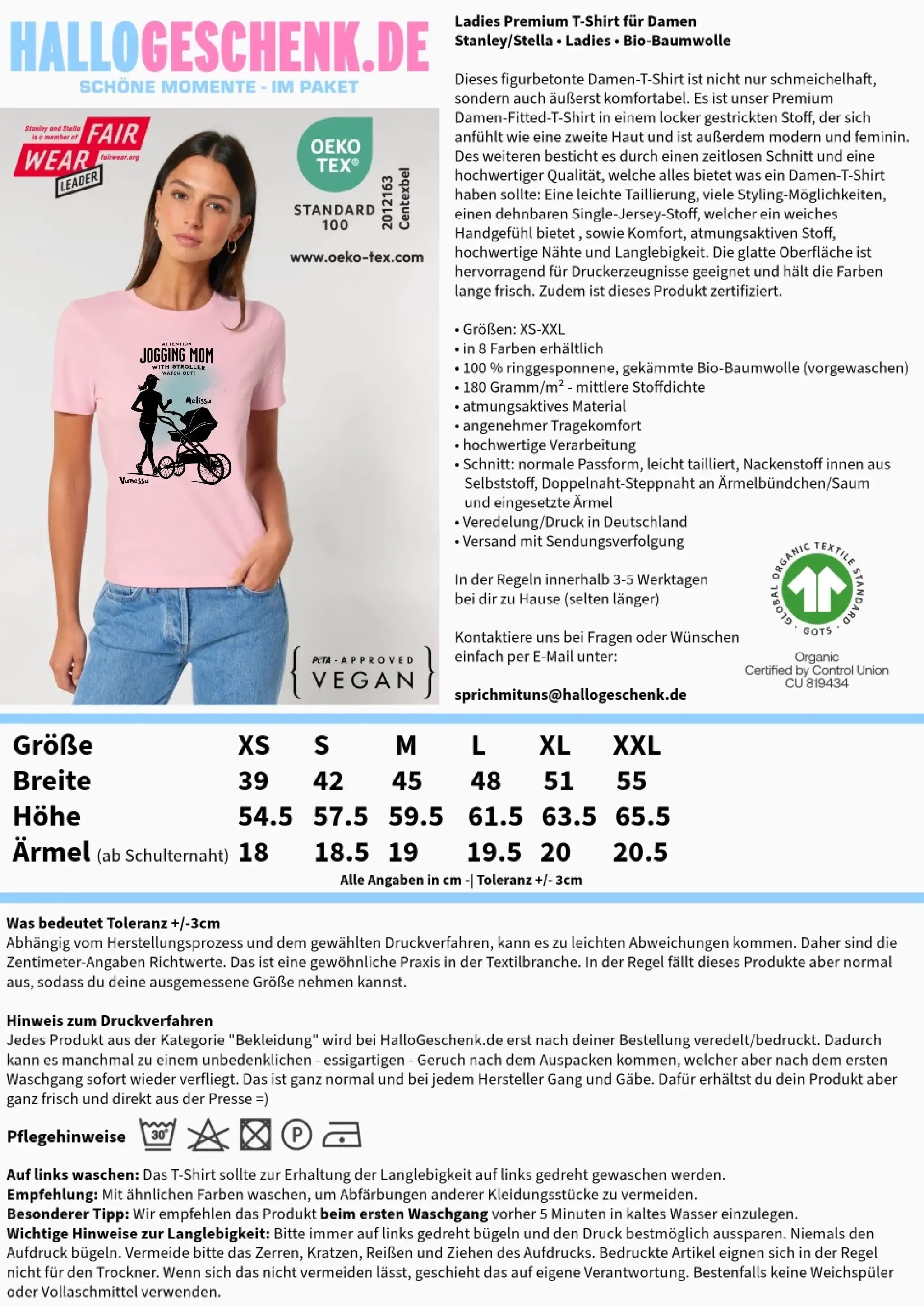Jogging Mom mit Kinderwagen • Mama + Text • Wunschnamen • Ladies Premium T-Shirt XS-2XL aus Bio-Baumwolle für Damen