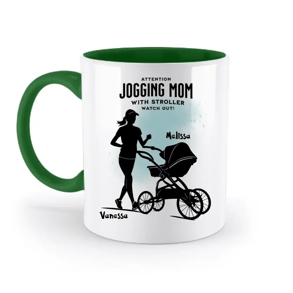 Jogging Mom mit Kinderwagen • Mama + Text • Wunschnamen • zweifarbige Tasse (spülmaschinengeeignet) • Exklusivdesign