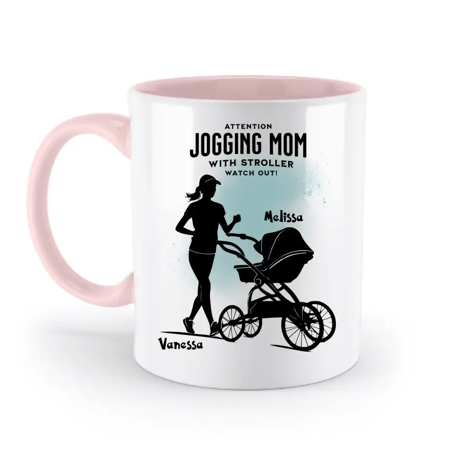 Jogging Mom mit Kinderwagen • Mama + Text • Wunschnamen • zweifarbige Tasse (spülmaschinengeeignet) • Exklusivdesign
