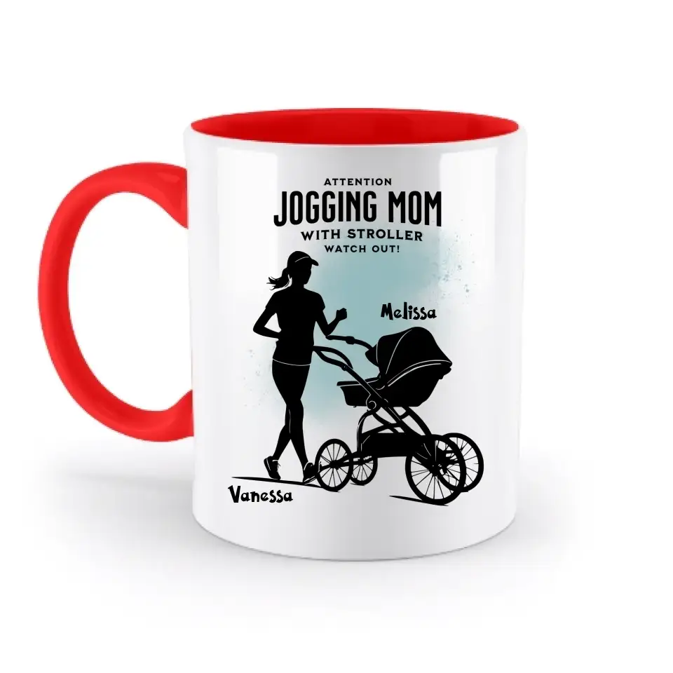 Jogging Mom mit Kinderwagen • Mama + Text • Wunschnamen • zweifarbige Tasse (spülmaschinengeeignet) • Exklusivdesign