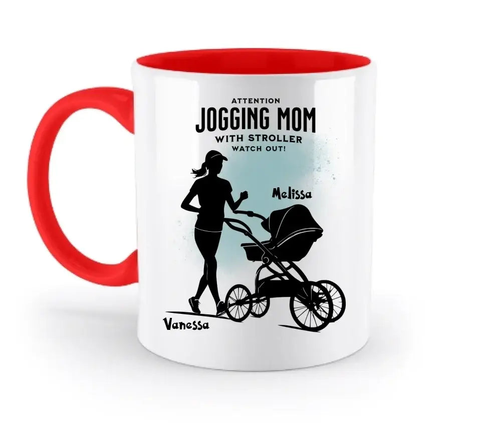 Jogging Mom mit Kinderwagen • Mama + Text • Wunschnamen • zweifarbige Tasse (spülmaschinengeeignet) • Exklusivdesign