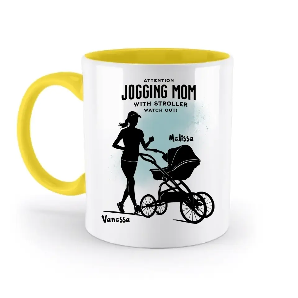 Jogging Mom mit Kinderwagen • Mama + Text • Wunschnamen • zweifarbige Tasse (spülmaschinengeeignet) • Exklusivdesign