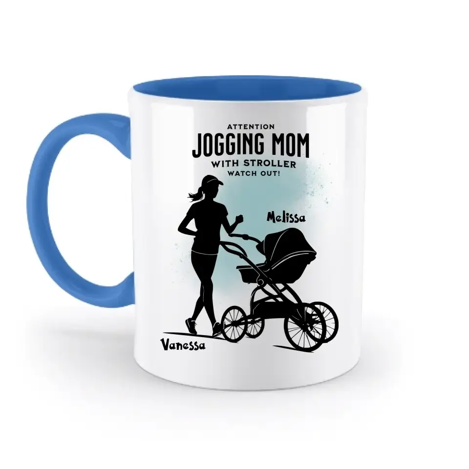 Jogging Mom mit Kinderwagen • Mama + Text • Wunschnamen • zweifarbige Tasse (spülmaschinengeeignet) • Exklusivdesign