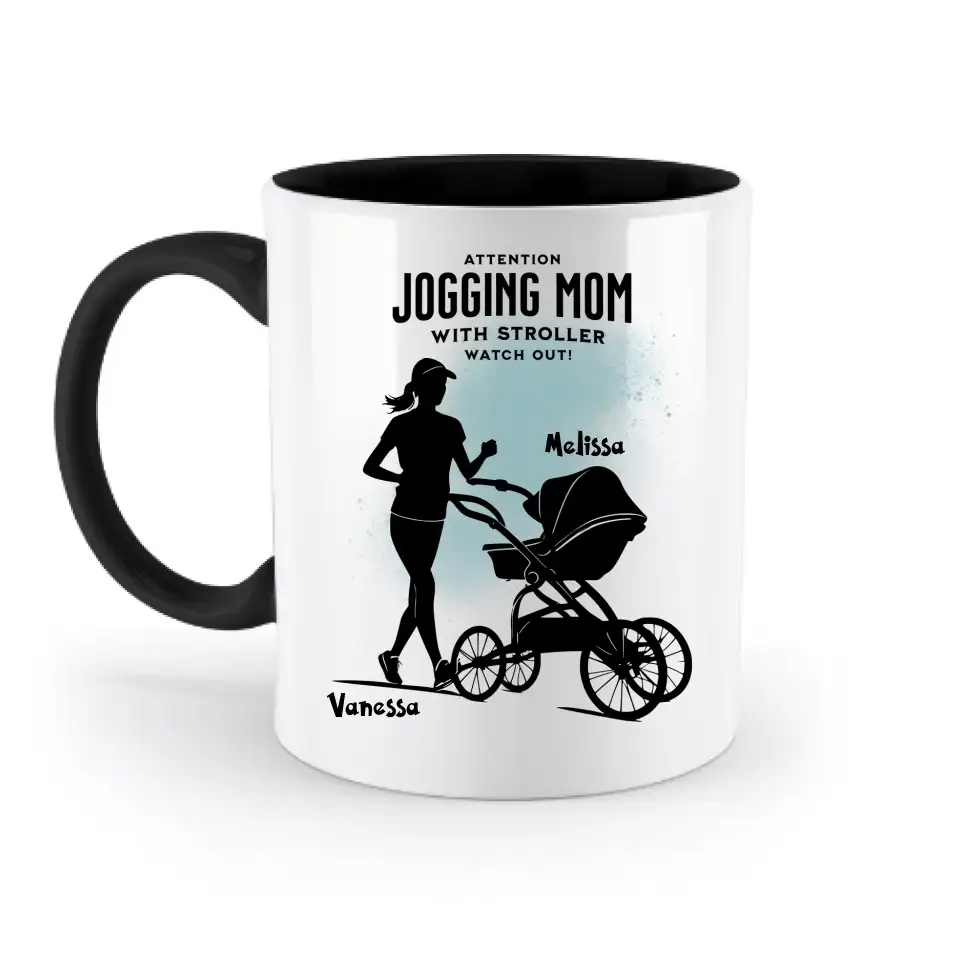 Jogging Mom mit Kinderwagen • Mama + Text • Wunschnamen • zweifarbige Tasse (spülmaschinengeeignet) • Exklusivdesign