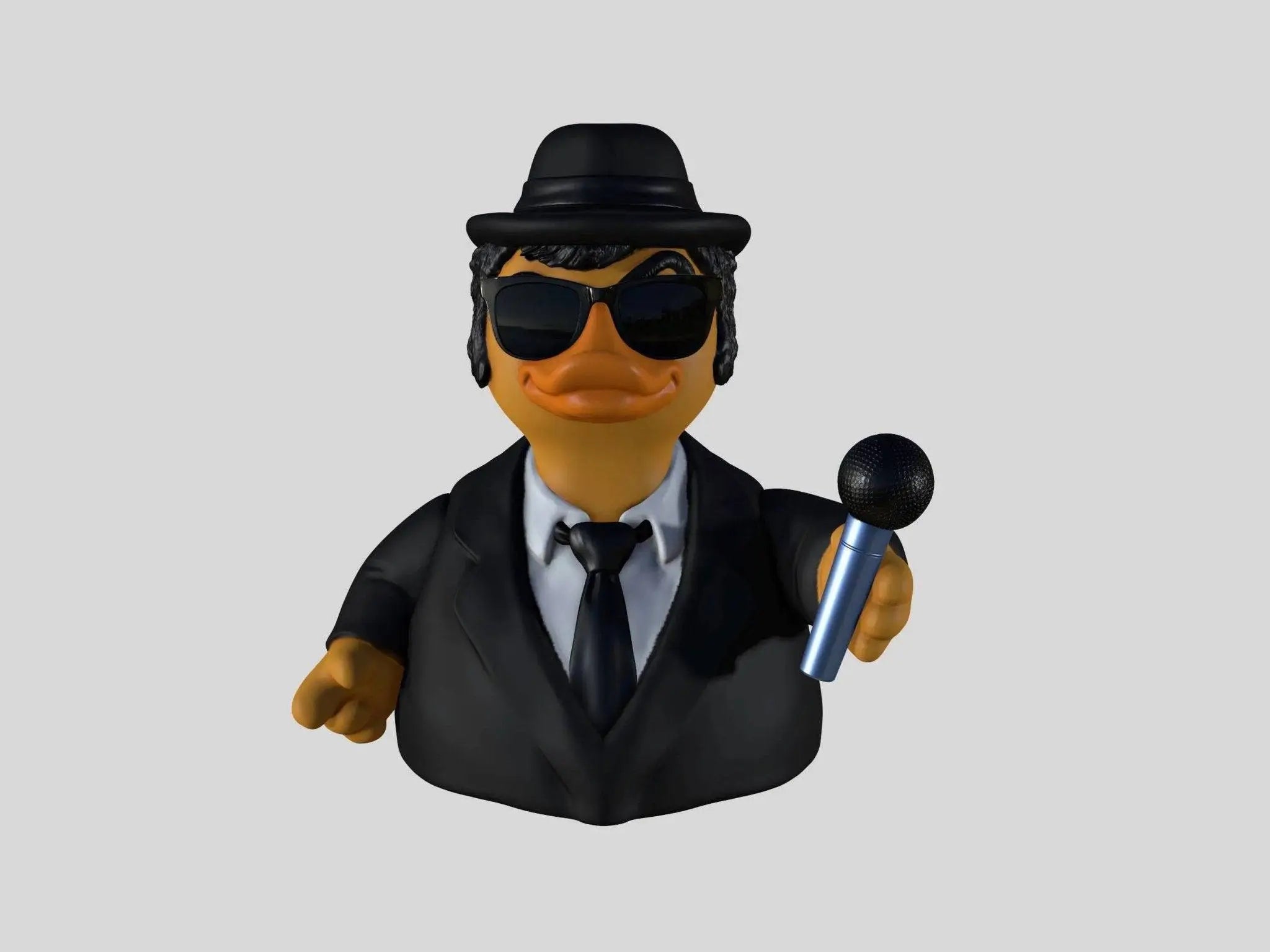 schwarze gummiente joliet drake als stylischer sänger mit fedora sonnenbrille anzug und mikrofon von celebriducks