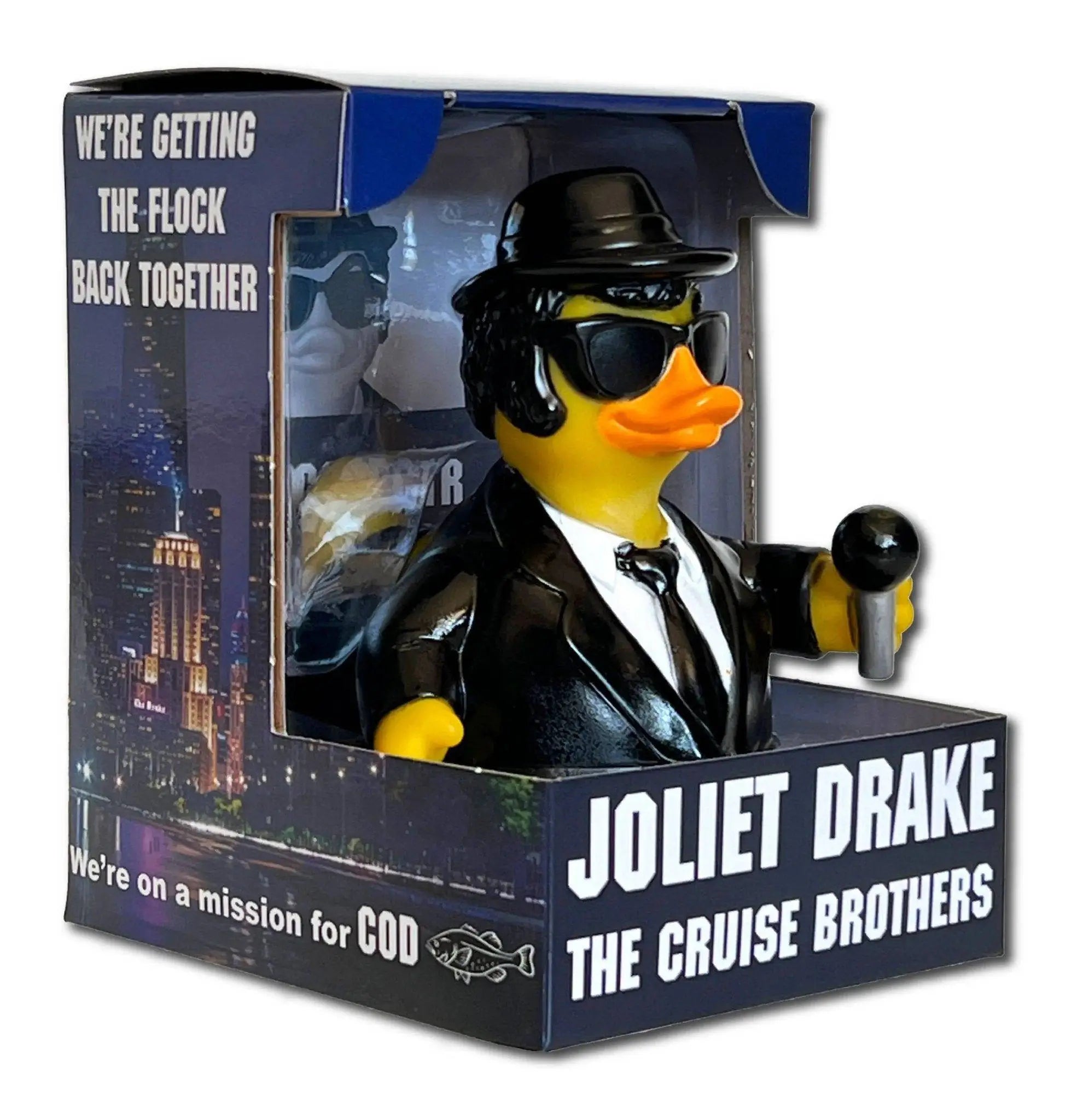 Gelbe gummiente joliet drake als coole dj mit schwarzem anzug, sonnenbrille und mikrofon von celebriDucks