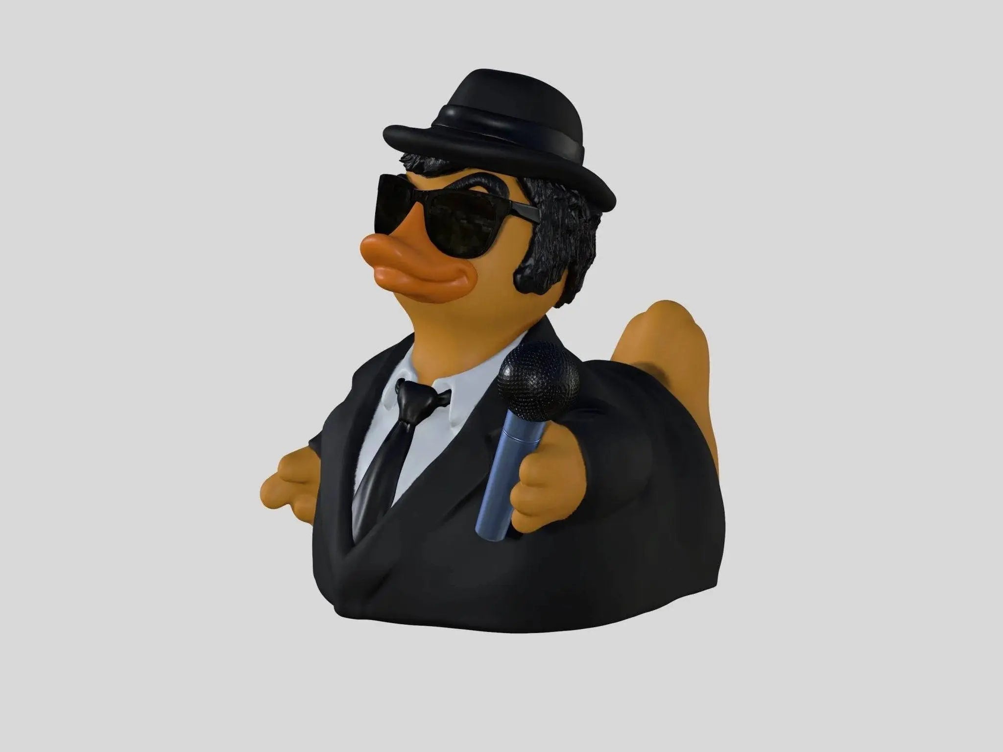 Schwarze gummiente joliet drake von celebritaducks mit fedora, sonnenbrille und mikrofon aus der cruise brothers serie