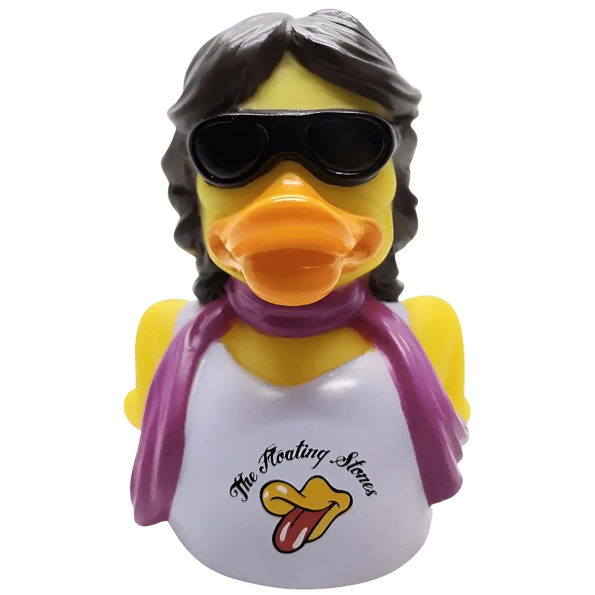 Gelbe gummiente jumpin quack splash mit langen dunklen haaren schwarzen sonnenbrillen lila schal und rolling stones tanktop