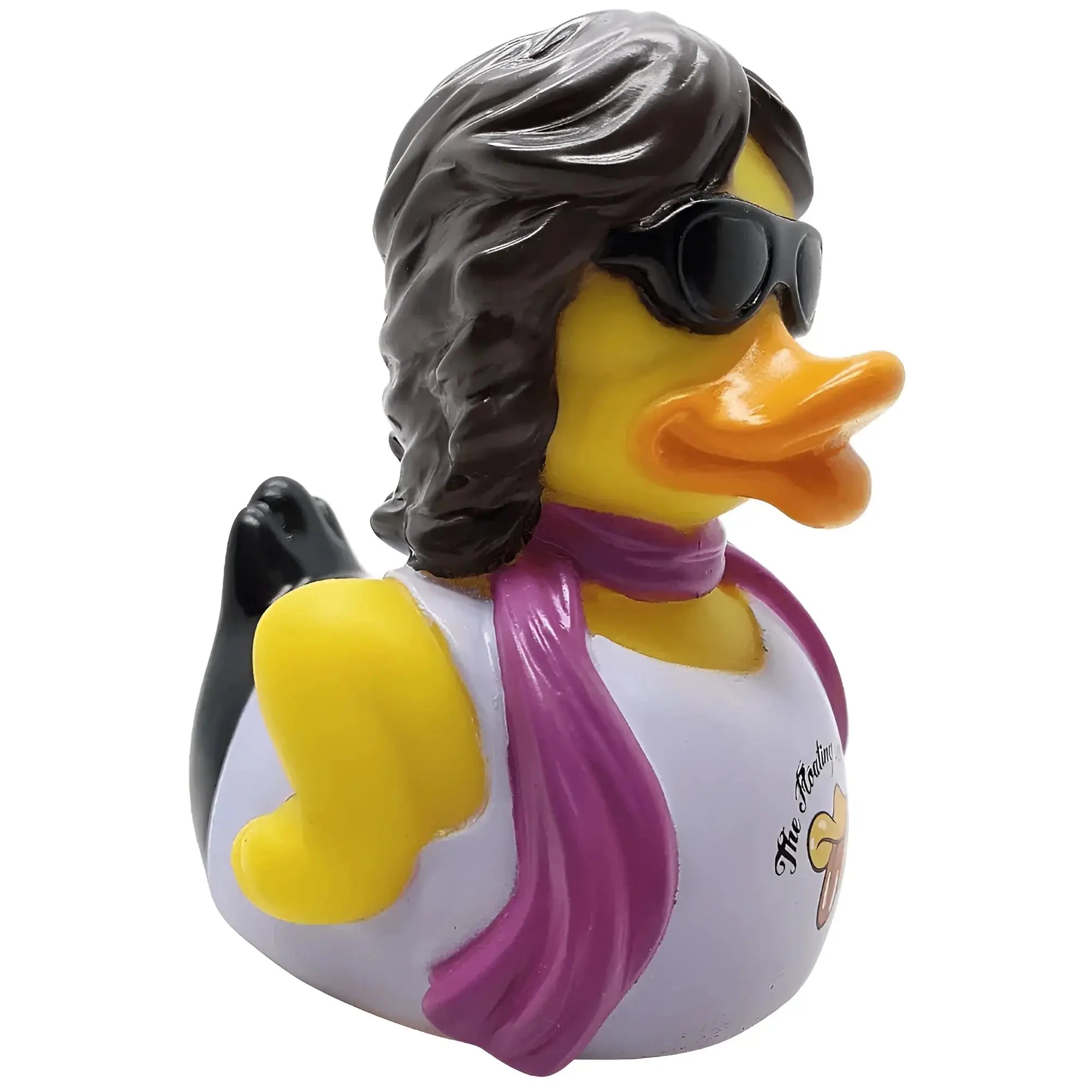 gelbe gummiente jumpin quack splash mit schwarzen locken, sonnenbrille und lila schal von celebri ducks