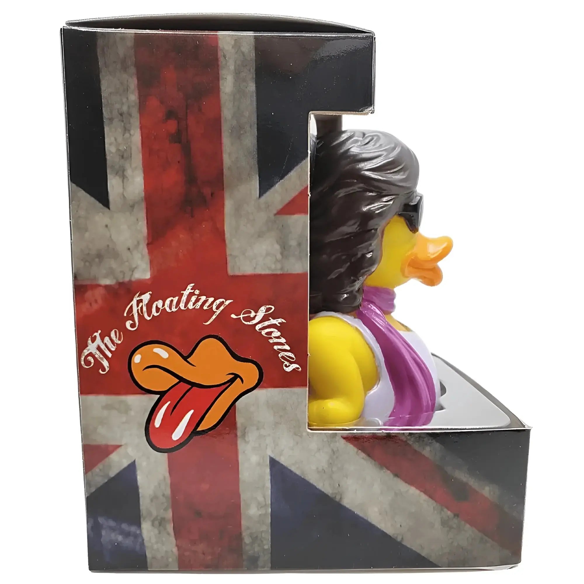 Gelbe gummiente jumpin quack splash mit schwarzer lockiger haarpracht sonnenbrille und lila schal von celebriducks